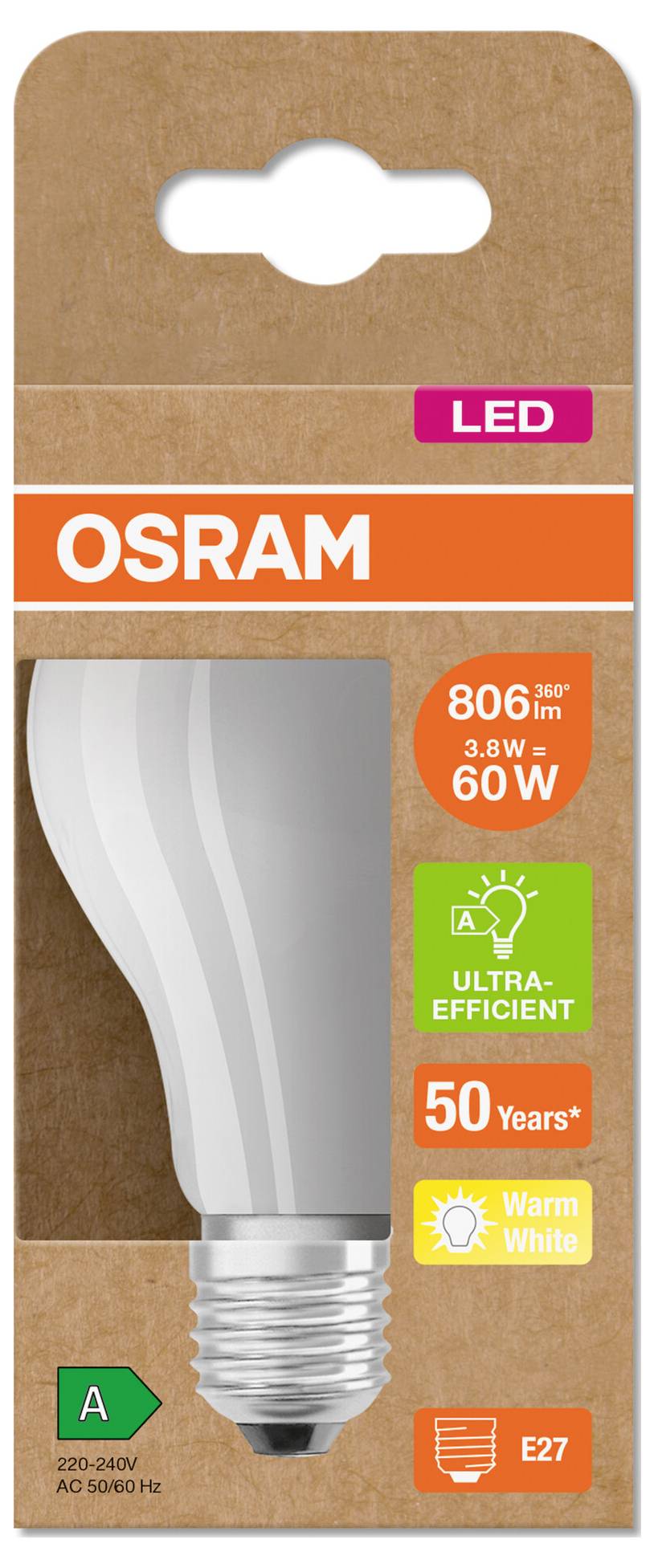 OSRAM LED světelná žárovka - balení obsahující teplou bílou, ultra-efektivní žárovku E27 s výkonem 8,3W, 806 lm, ekvivalent 60W, energetická třída A.