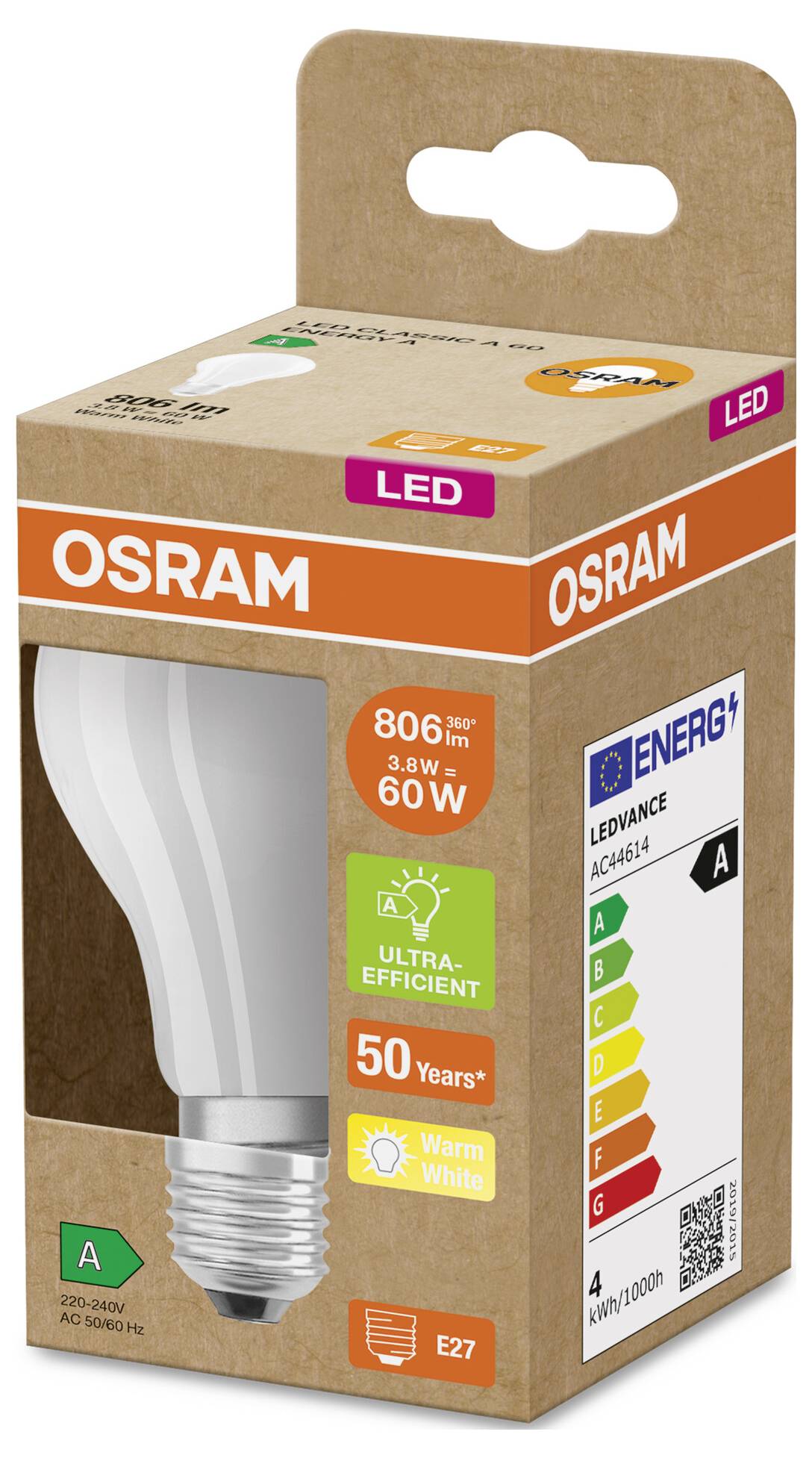 Maloobchodní balení LED žárovky OSRAM s parametry 806 lm, 8,3 W, ekvivalent 60 W, teplá bílá, závit E27, s energetickou třídou A.