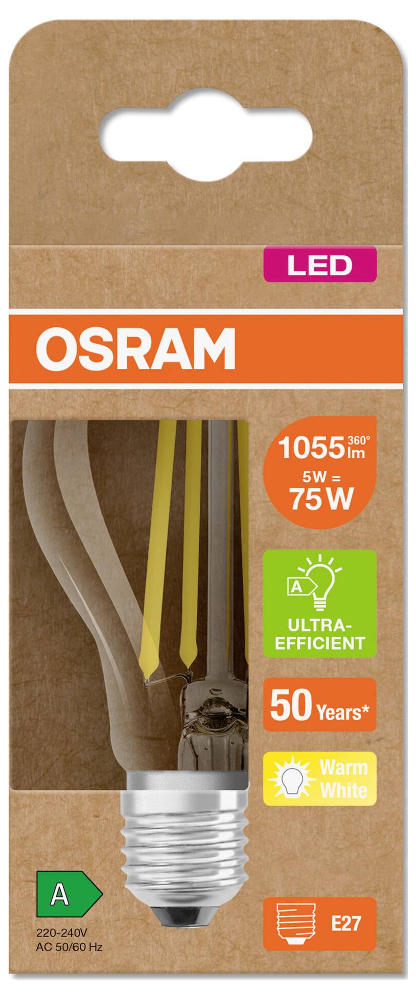 Balení žárovky OSRAM LED se teplou bílou, ultra účinnou žárovkou E27, 5 W/ekvivalent 75 W, 1055 lm, 50 let, třída A.