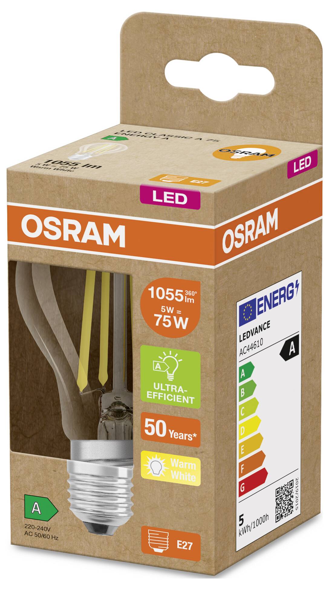 OSRAM LED žárovka balení, zobrazující teplou bílou žárovku E27 s výkonem 5W, ekvivalent 75W, energetická třída A a životnost 50 000 hodin.