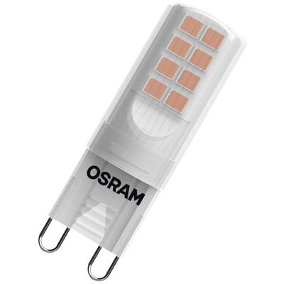 LED žárovka OSRAM s paticí G9. Průhledný kryt, malé obdélníkové svítící plochy viditelné. Úsporná a kompaktní.