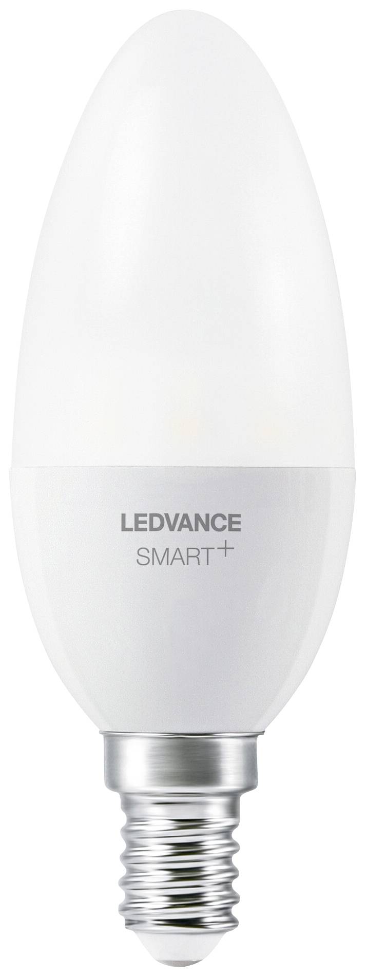 Bílá LED žárovka se závitem E14, značky 'LEDVANCE SMART+', určená pro chytré osvětlení domácnosti.