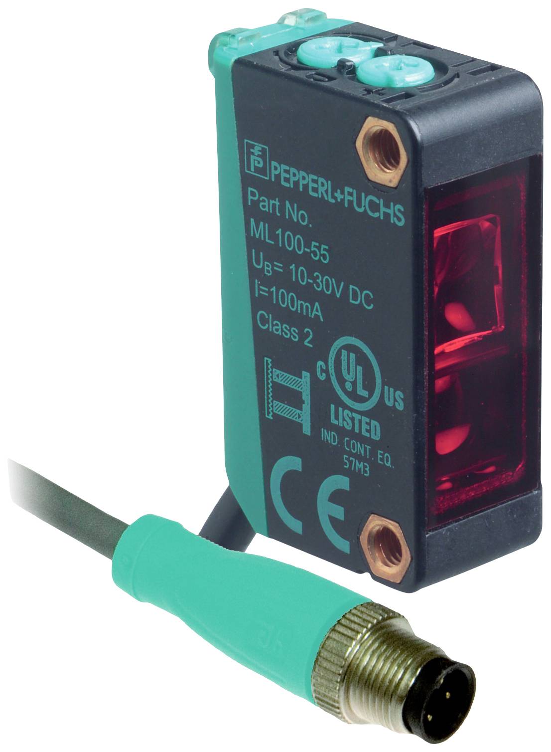 Obdélníkový elektrický senzor značky Pepperl+Fuchs s kabelem a konektorem, model 'ML100-55', na němž jsou vytištěny technické specifikace.