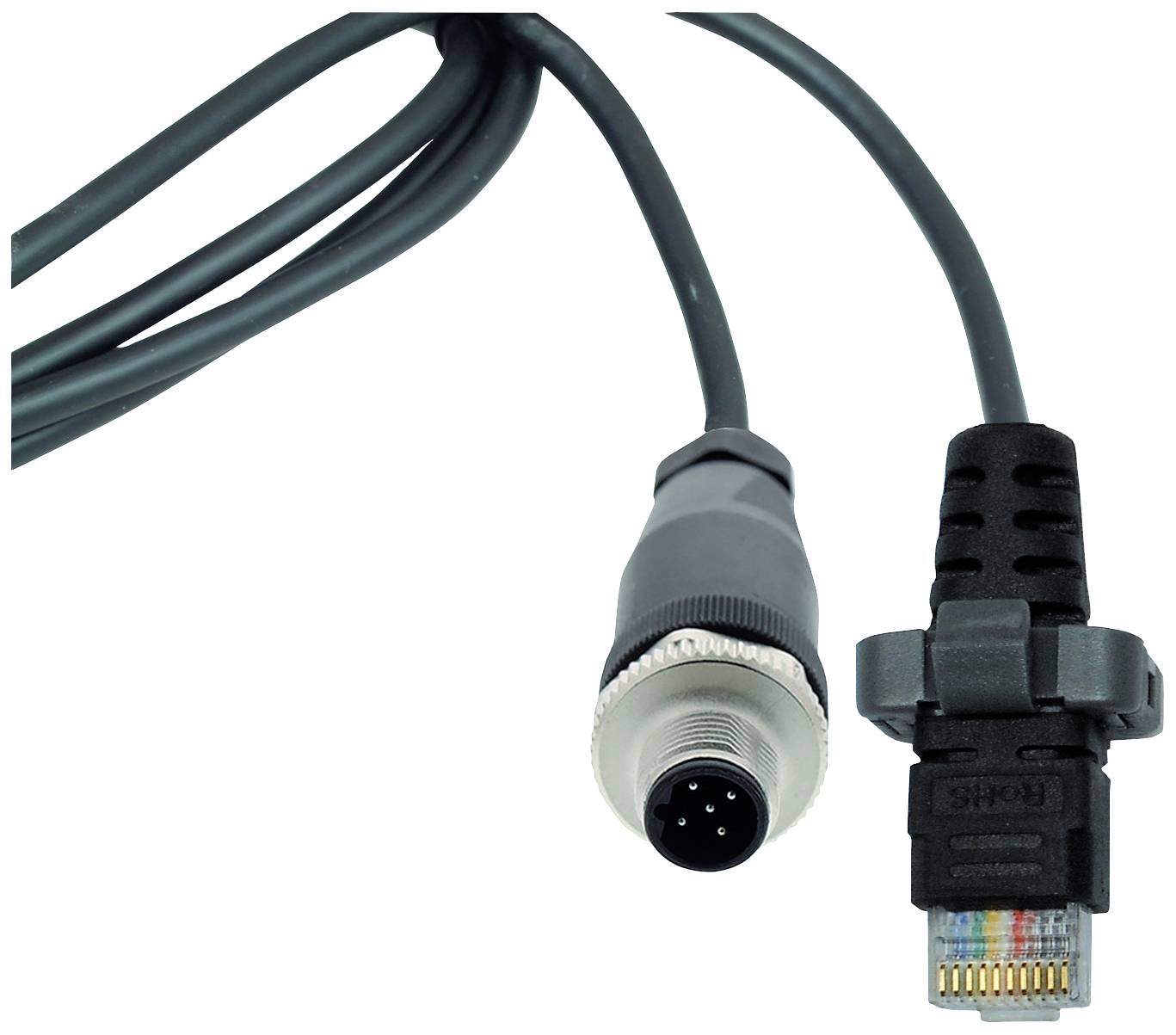 Černý síťový kabel s kulatou stříbrnou zástrčkou na levé straně a RJ45 konektorem na straně pravé.