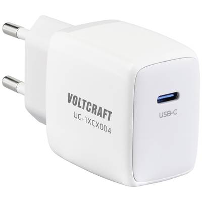 Bílá USB-C nabíječka s EU adaptérem od Voltcraftu, model UC-1XCX004. Ideální pro rychlé nabíjení zařízení.