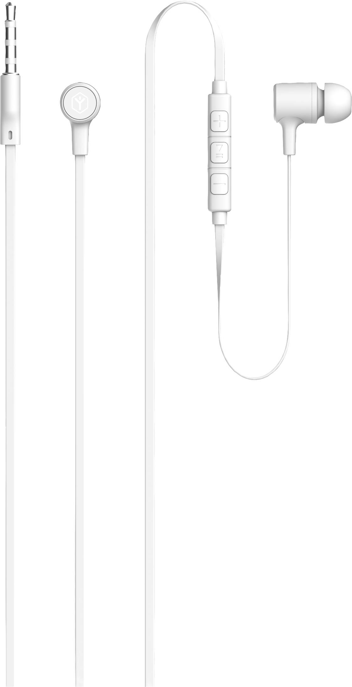 Bílé sluchátka do uší s kabelem a trojitým ovládáním. Obsahují 3,5mm audio konektor a silikonové náušníky.
