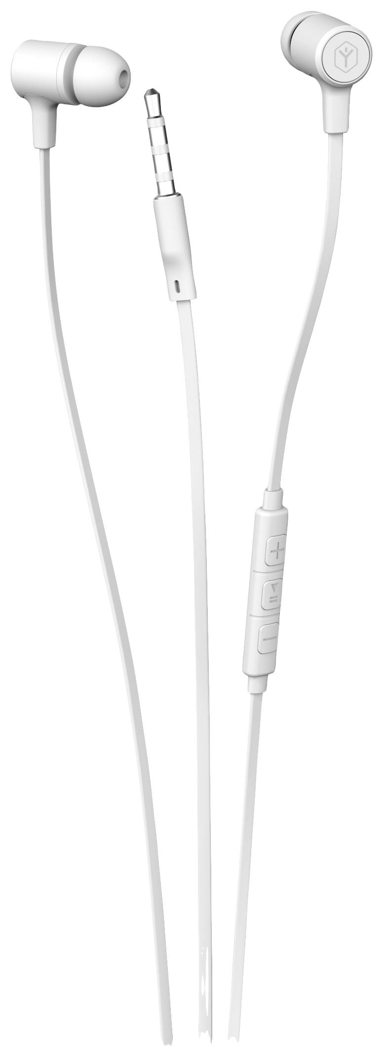 Bílá kabelová sluchátka s 3,5mm jack konektorem a ovládacím tlačítkem na kabelu, umístěná před bílým pozadím.