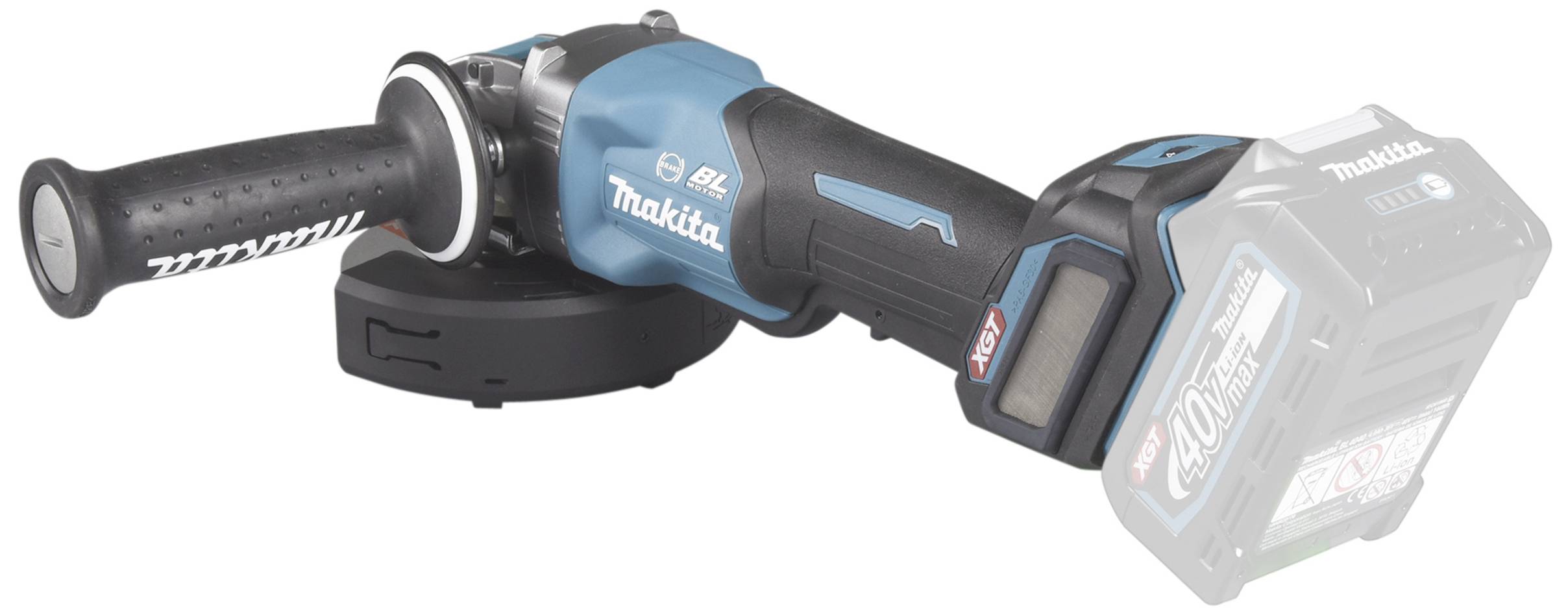 Bezdrátová modrá úhlová bruska s černou rukojetí, označení 'Makita' na boku. Akumulátor vlevo viditelný, ukazuje 18V 5.0Ah.