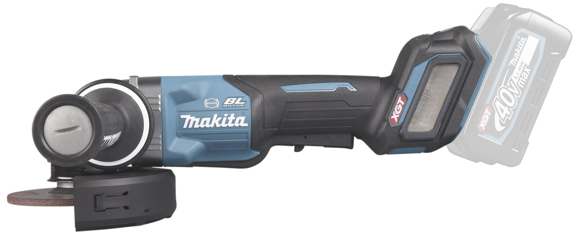 Akumulátorová úhlová bruska Makita ležící na boku, v modro-černém designu s šedou brusnou hlavou, s viditelným prostorem pro akumulátor.