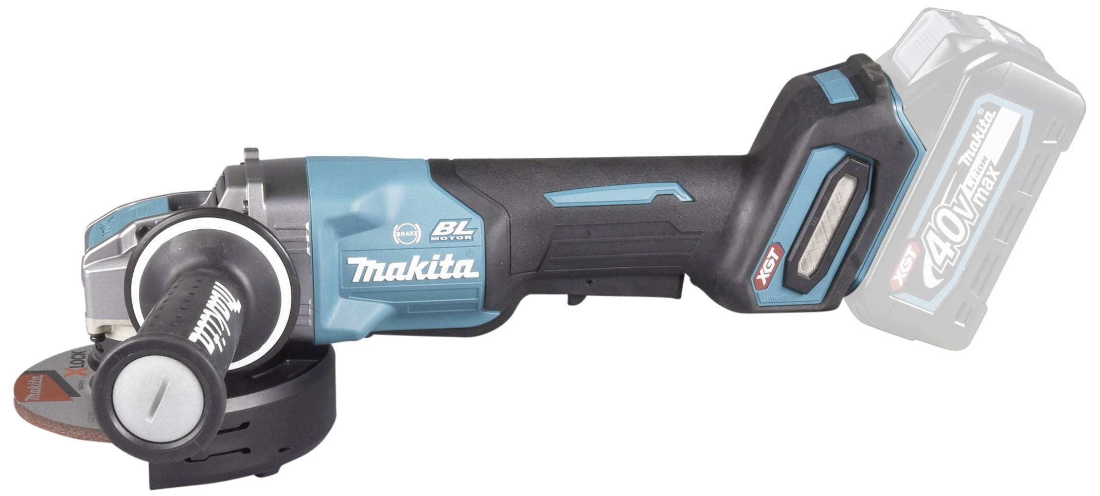Akumulátorová úhlová bruska s ergonomickou rukojetí a kotoučem, vyobrazená z boku, označená štítkem „Makita 40V max".