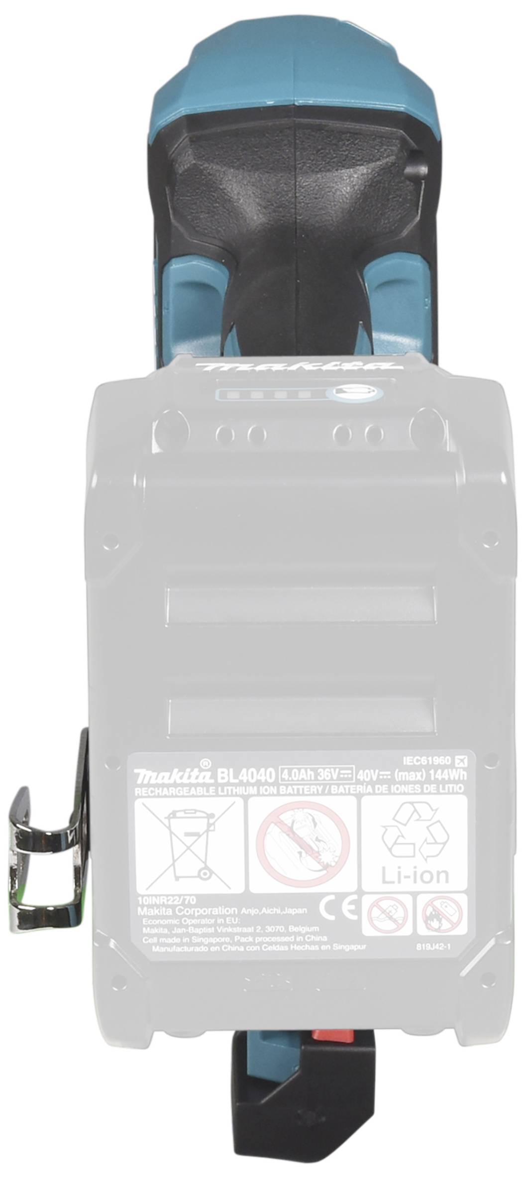 Akumulátor s nápisem 'Makita BL4040'. Jedná se o lithium-iontový akumulátor 40V. Na straně je připevněn háček.
