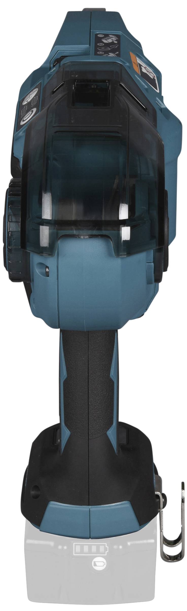 Modrý bezdrátový elektrický nástroj zachycený zezadu. Důraz je kladen na tvar a ergonomický design nástroje.