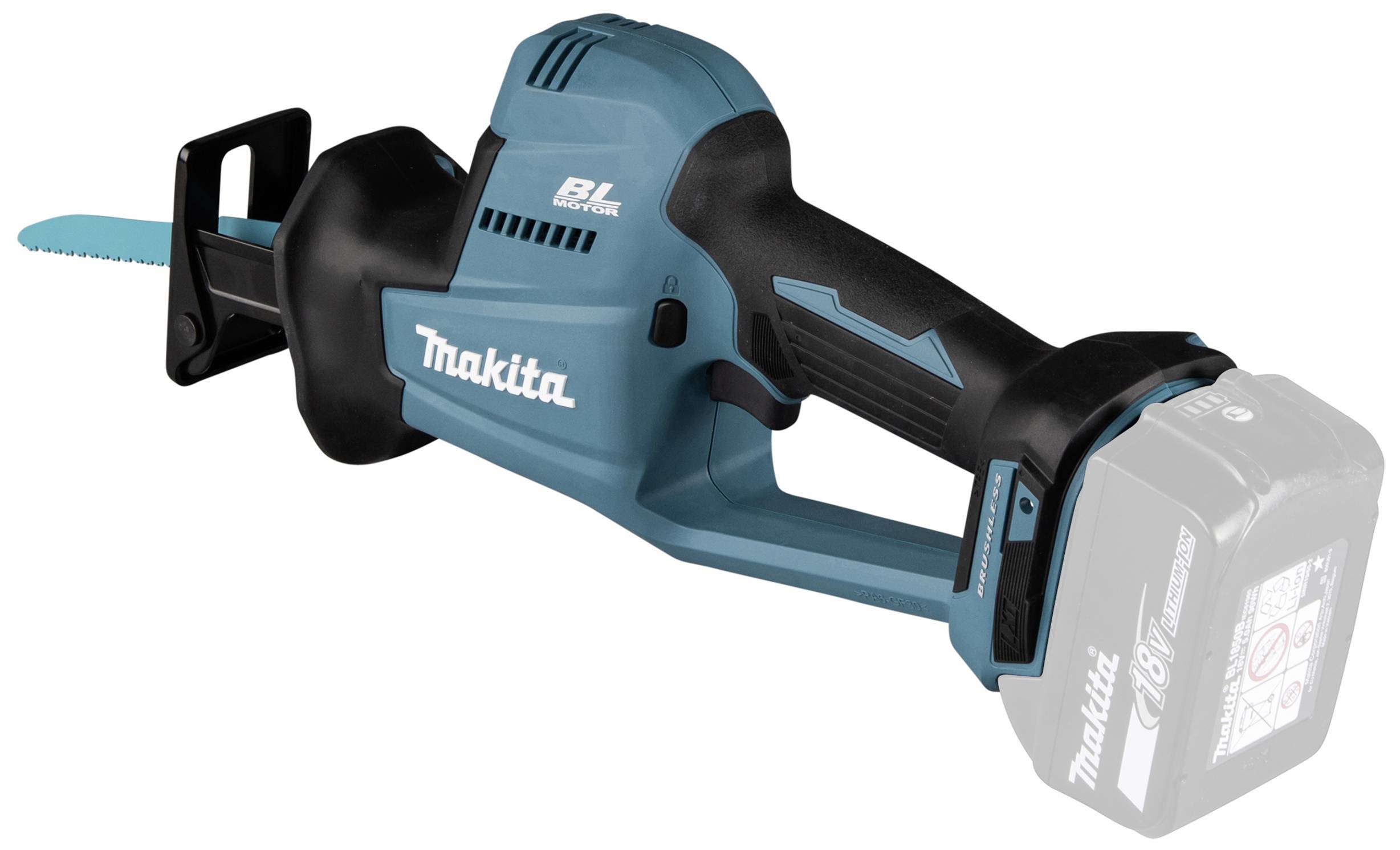 Akumulátorová modrá ruční pila Makita s ergonomickou rukojetí a odnímatelnou baterií, vhodná pro přesné řezání.