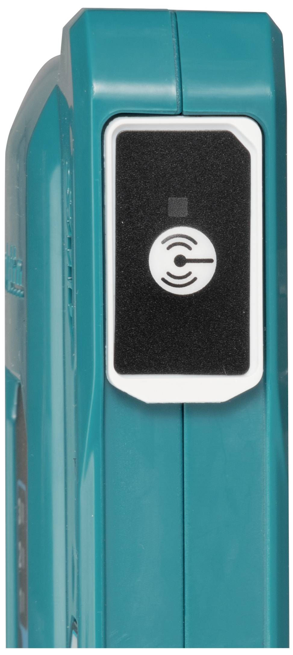 Detailní záběr modrého zařízení s černou obrazovkou a symbolem pro bezdrátový přenos nebo NFC.