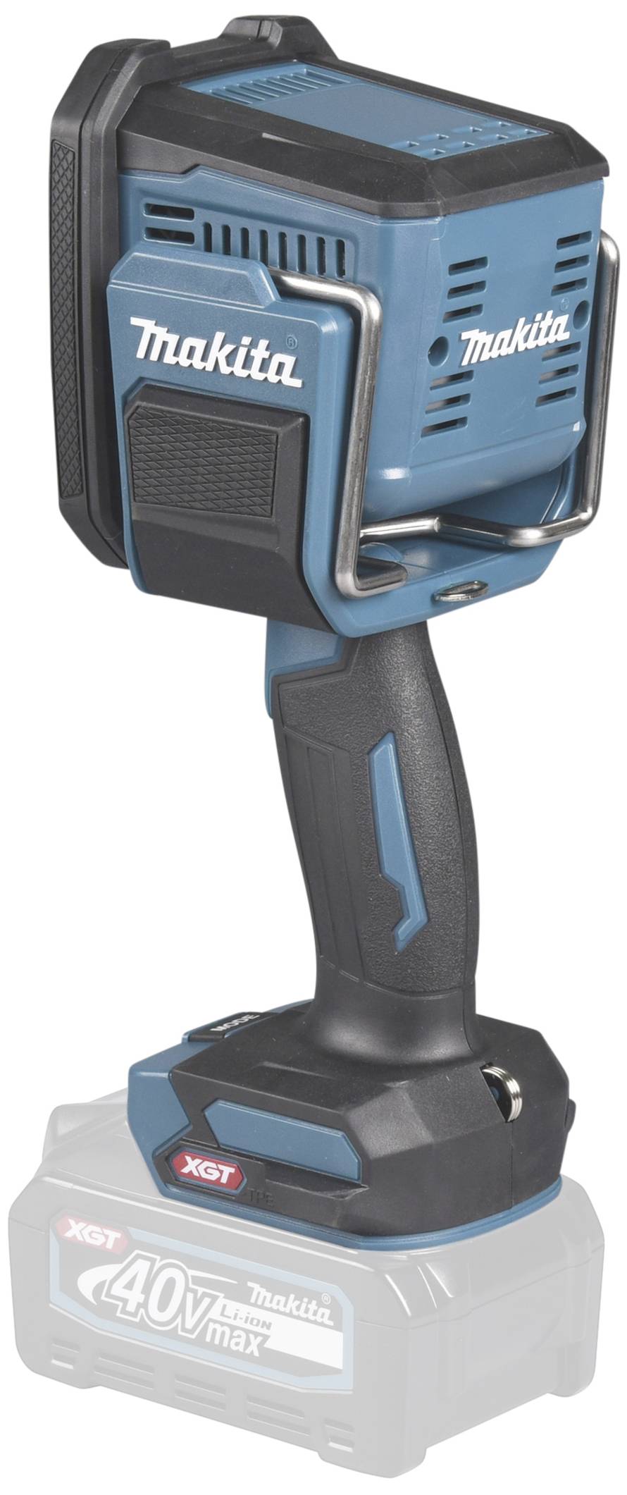 Bezdrátová LED lampa Makita, modrá s černou rukojetí, ve vzpřímené poloze. Ideální pro osvětlení staveniště, 40V, robustní design.