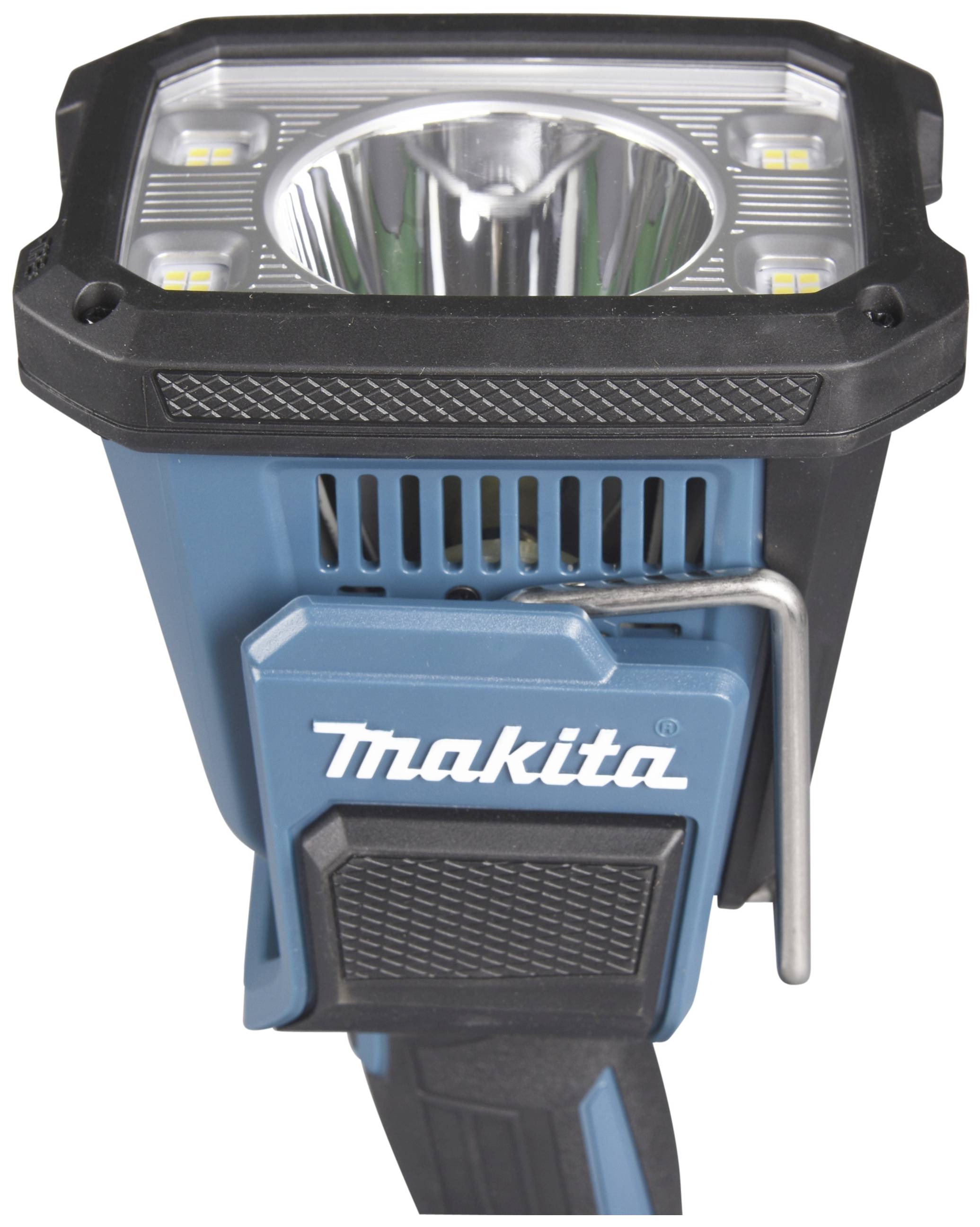 Obrázek zobrazuje přenosnou LED pracovní lampu značky Makita v modrém pouzdře s černou rukojetí. Ideální pro stavební a renovační práce.