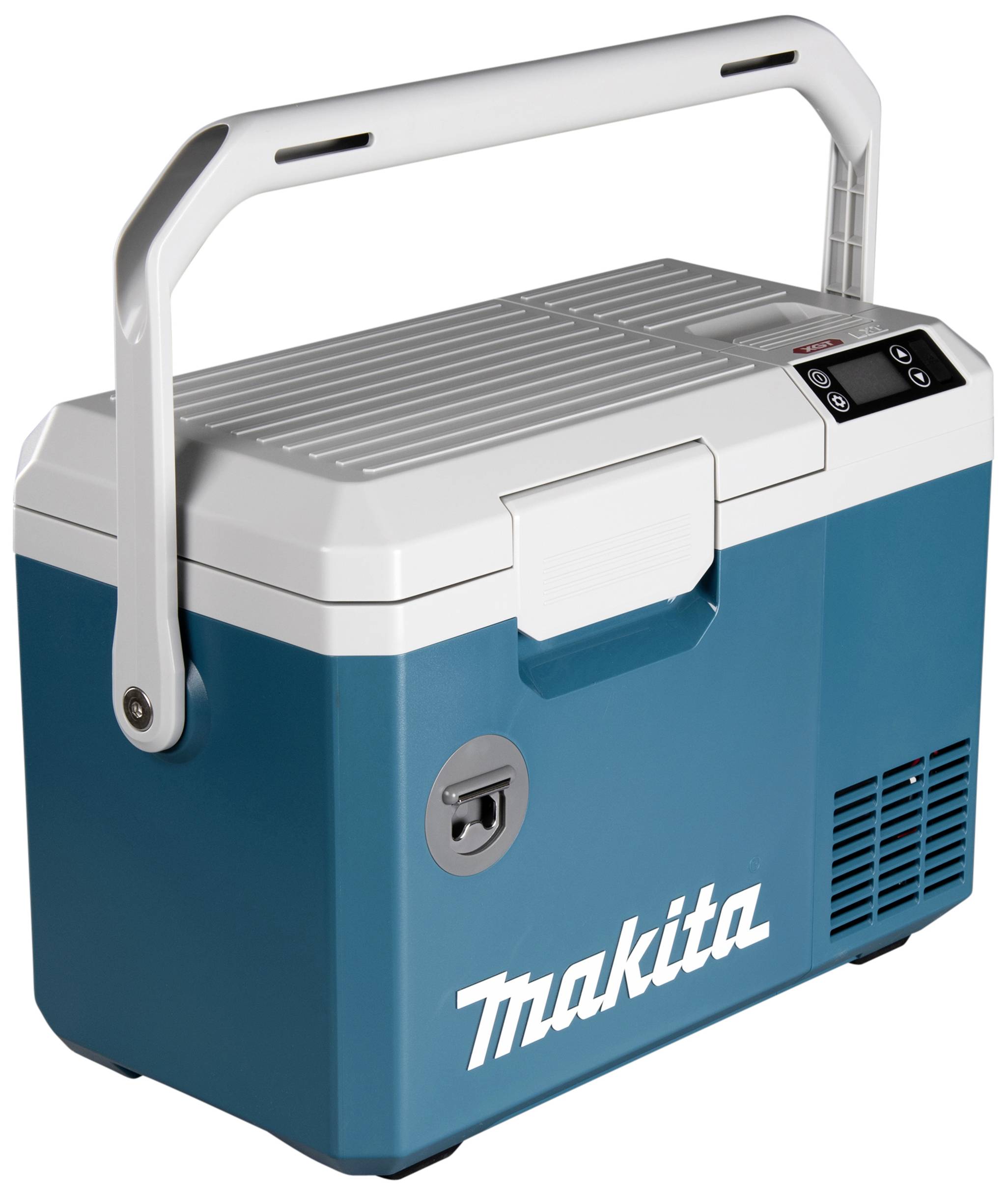 Modrý a bílý přenosný chladící box s madlem. Na přední straně logo značky 'Makita'. Vhodný pro outdoorové aktivity.