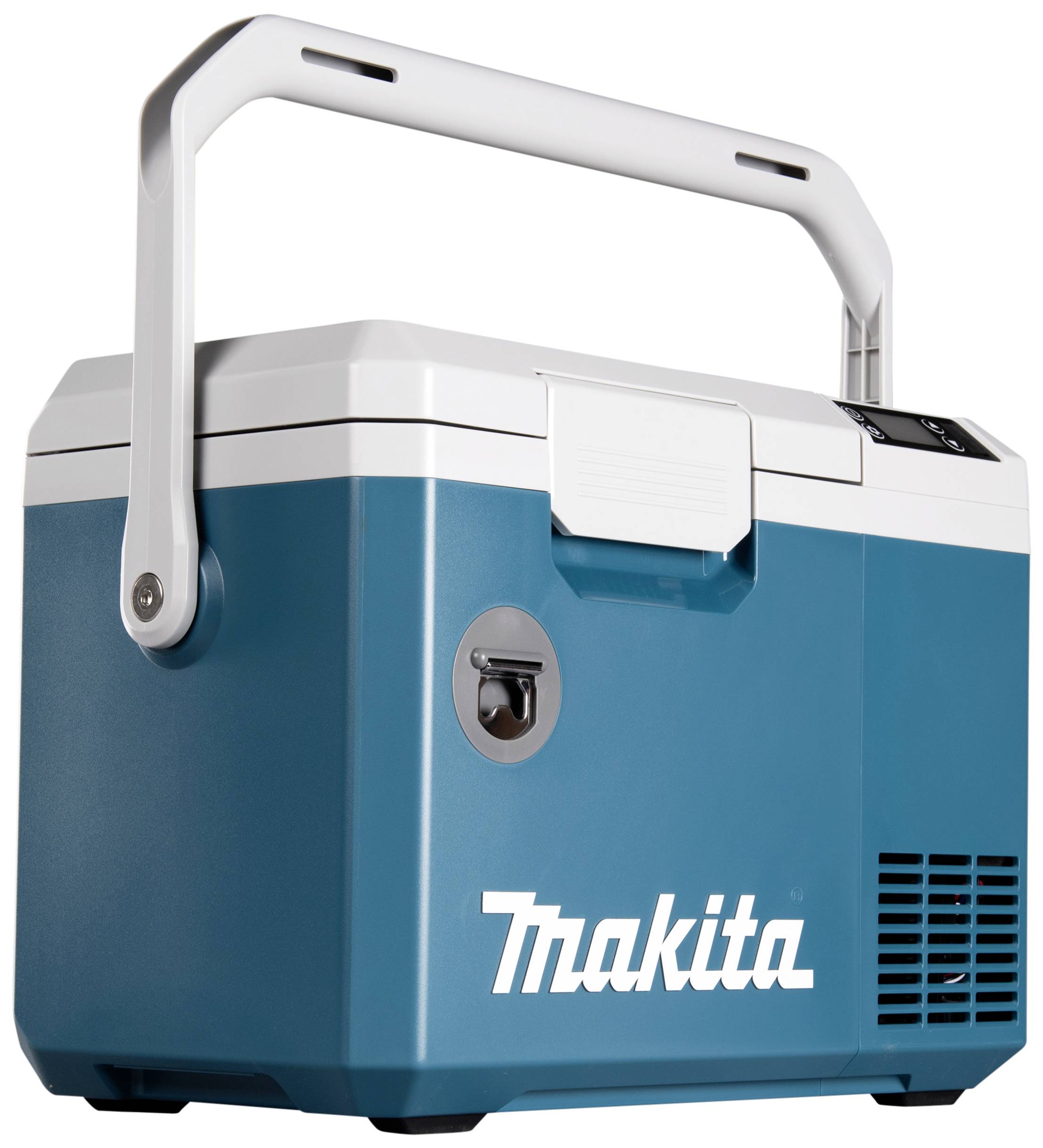 Přenosný modrý chladící box Makita s bílou rukojetí a dobře viditelným logem na straně, určený k chlazení nápojů nebo potravin.