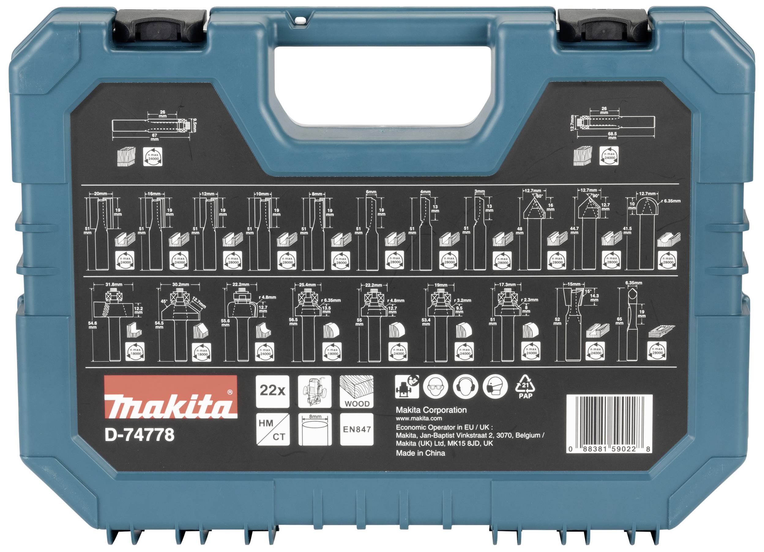Transportní kufřík Makita D-74778 s obrázky pro výběr šroubováků a štítkem s produktovými informacemi.