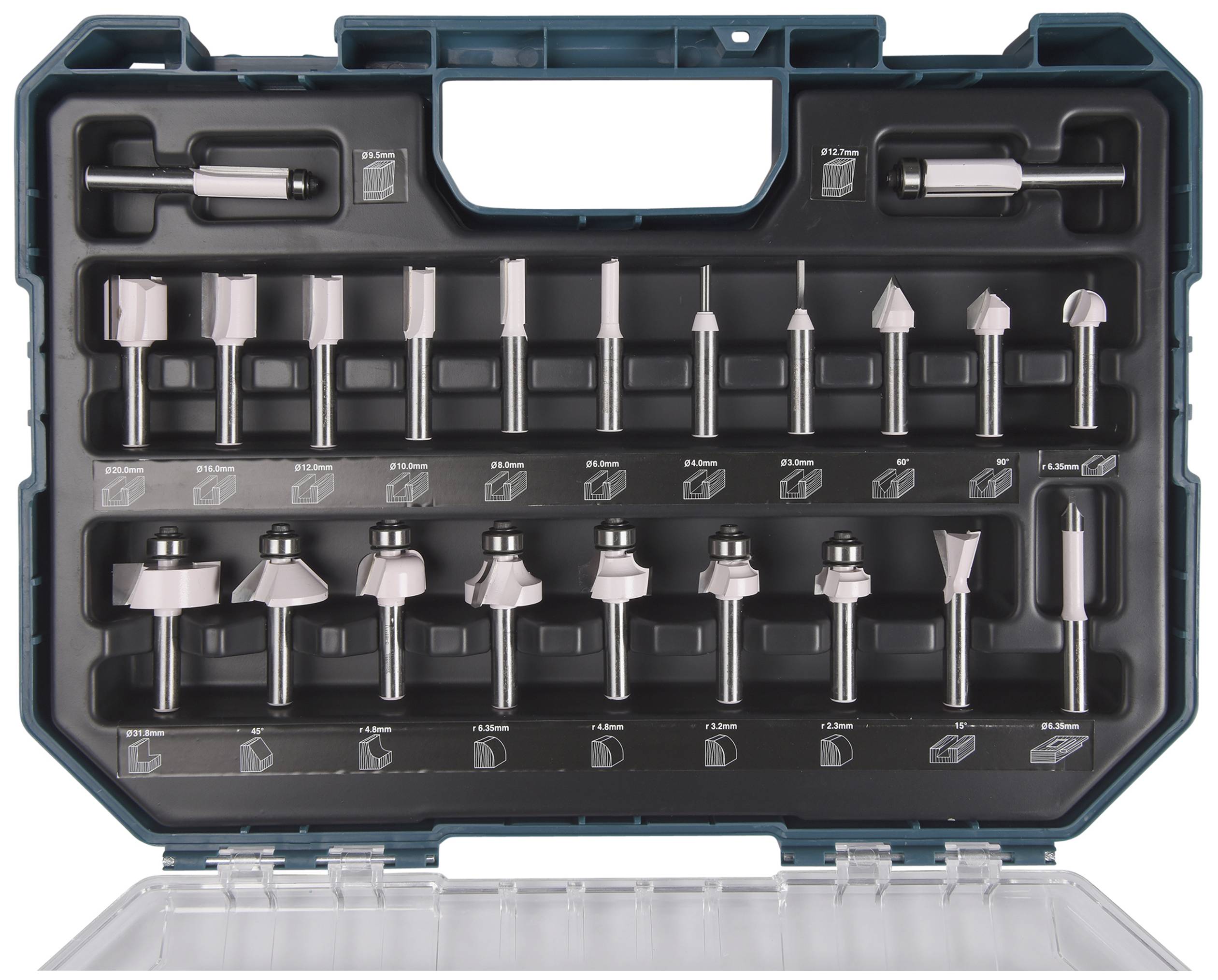 Otevřený kufřík s nástroji obsahující různé frézovací nástavce v uspořádaném rozmístění, s popisy velikostí pod nimi.