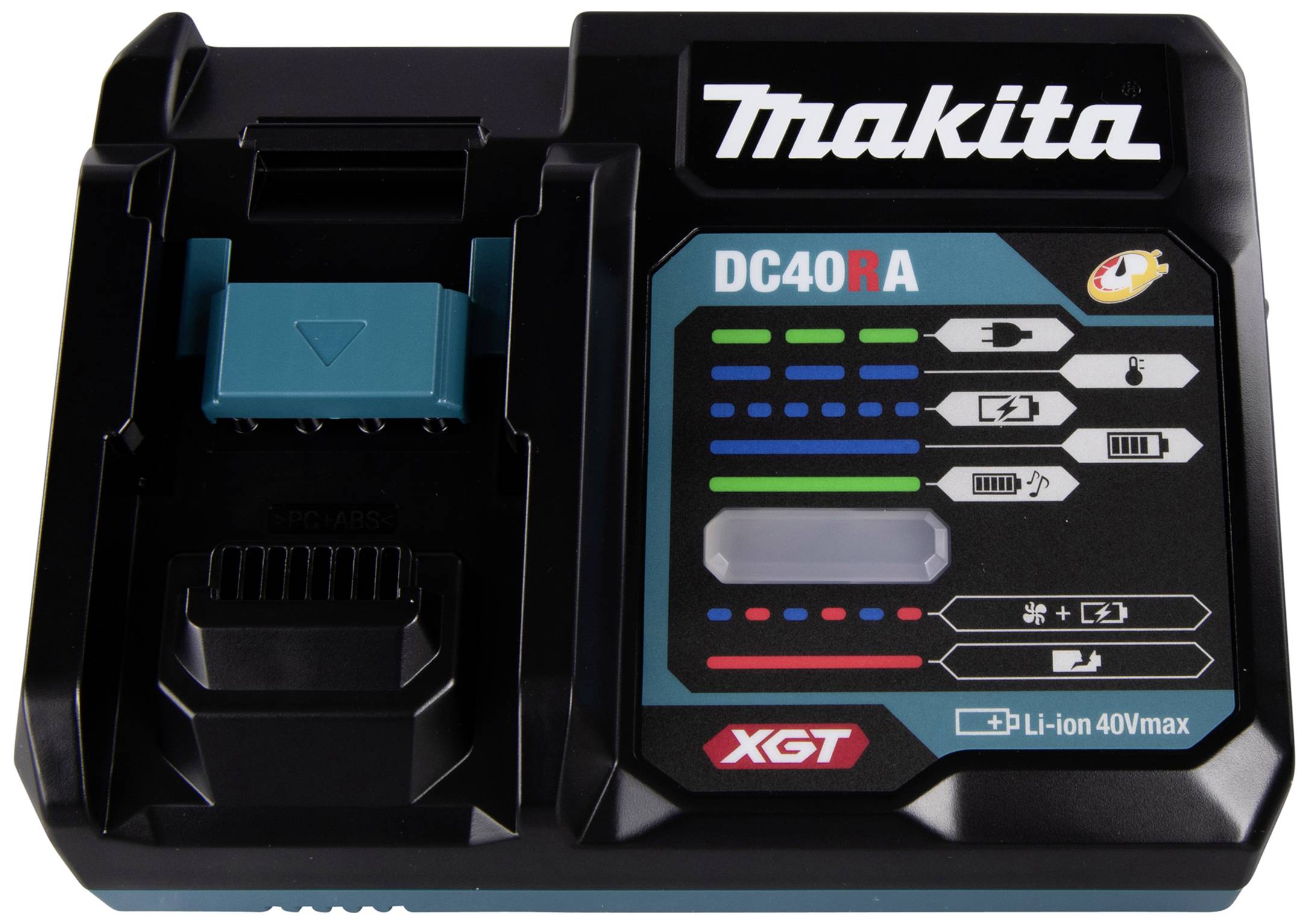 Nabíječka s prostorem pro baterie značky Makita. Vytištěné symboly zobrazují stav nabíjení a další informace. Vhodná pro lithium-iontové baterie 40V max.