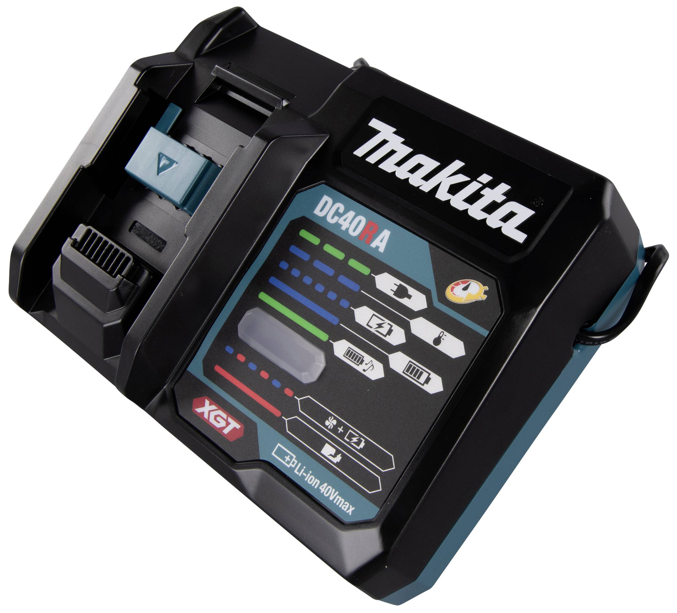 Nabíječka Makita DC40RA zobrazuje stav nabití a kompatibilní typy akumulátorů. Černý design s modrými a zelenými detaily.