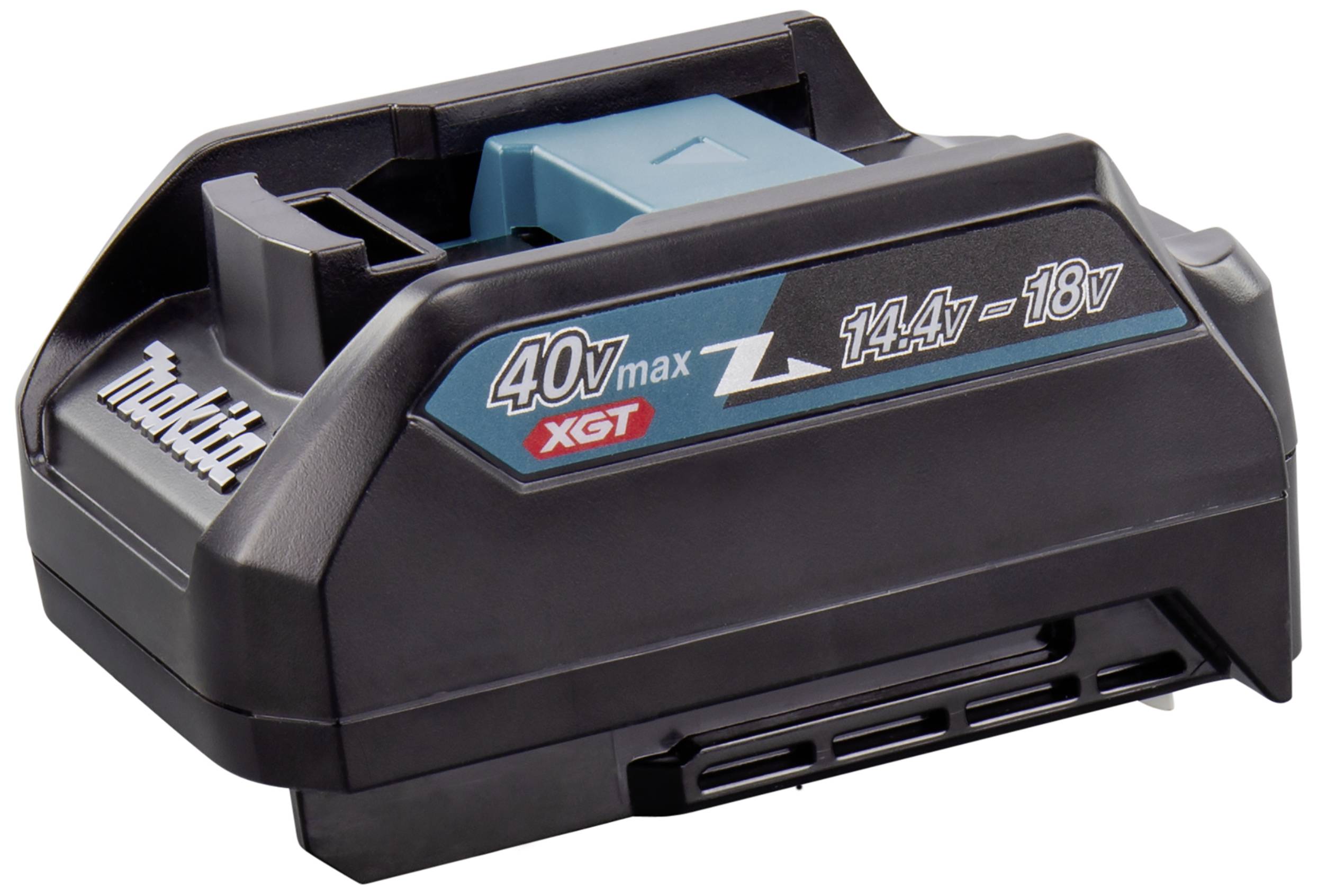 Černá baterie Makita XGT s modrým krytem, nápis '40V max, 14.4V - 18V'. Vhodná pro elektrické nářadí.