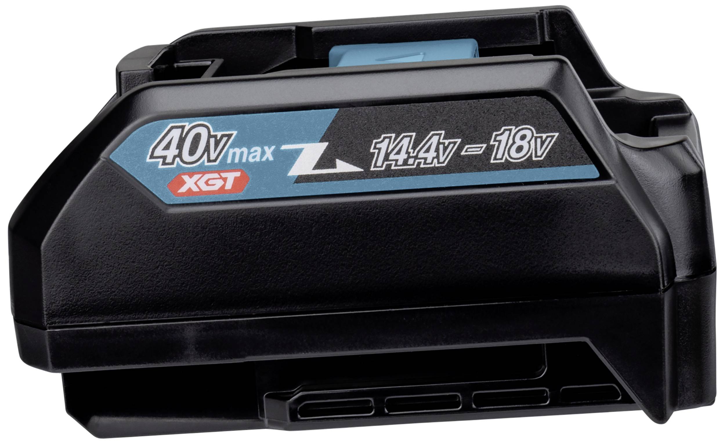 Černý akumulátor s modrým a červeným popisem '40V max, 14,4V - 18V, XGT', vhodný pro zařízení s proměnlivým napěťovým rozsahem.