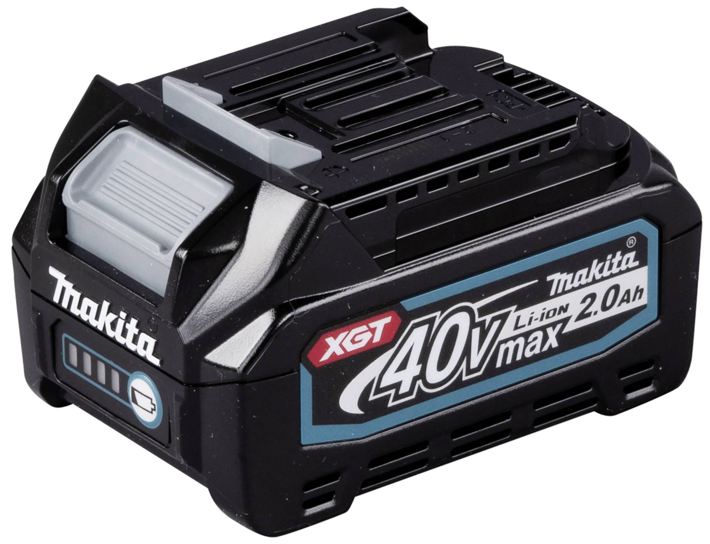 Černý akumulátor Makita XGT 40V max Li-Ion 2.0Ah s modro-černým designem. Nápis zobrazuje název značky a specifikace.