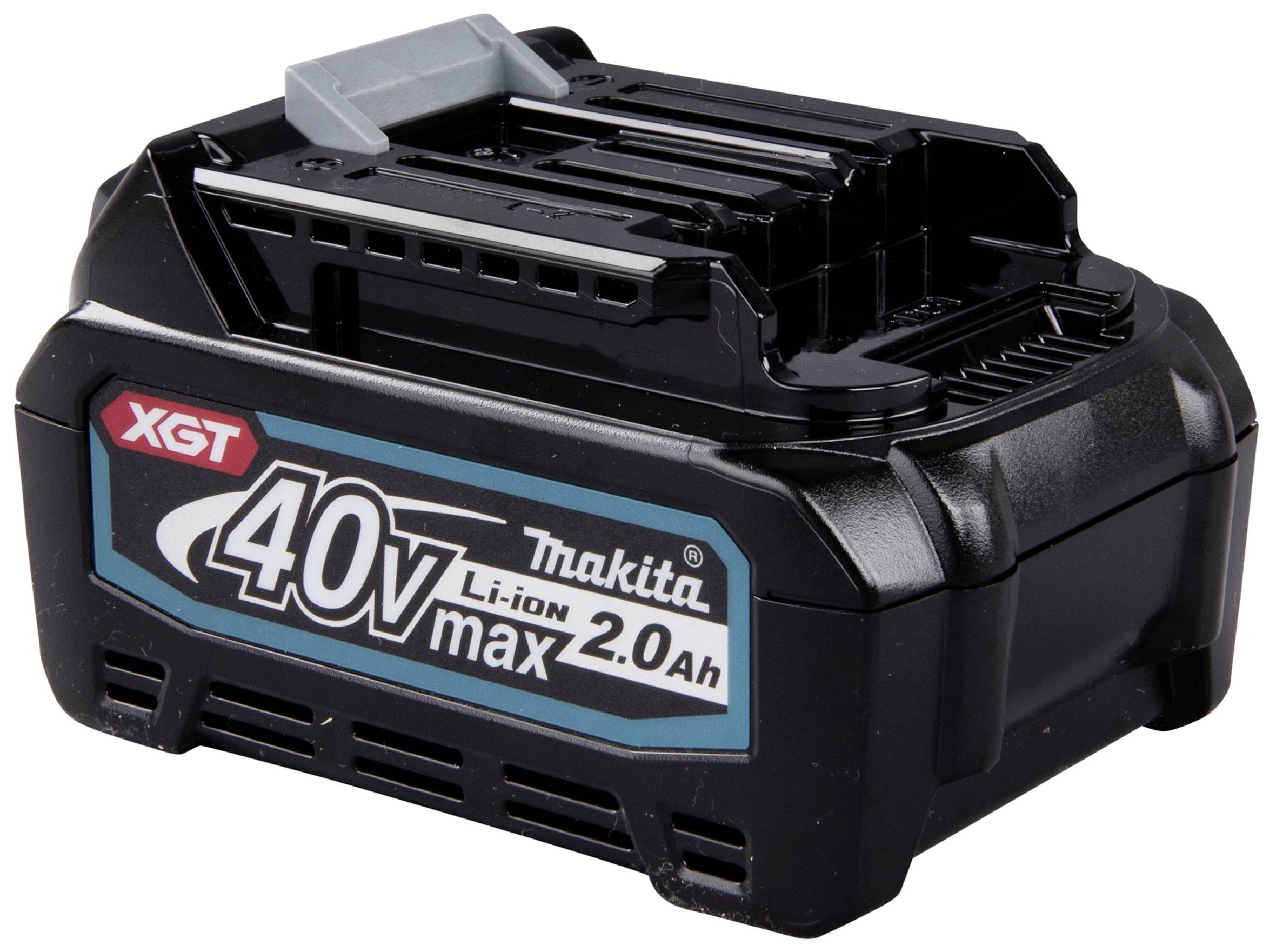 Dobíjecí Makita 40V max 2.0Ah lithium-iontový akumulátor. Černý kryt s logem značky a specifikacemi na přední straně.