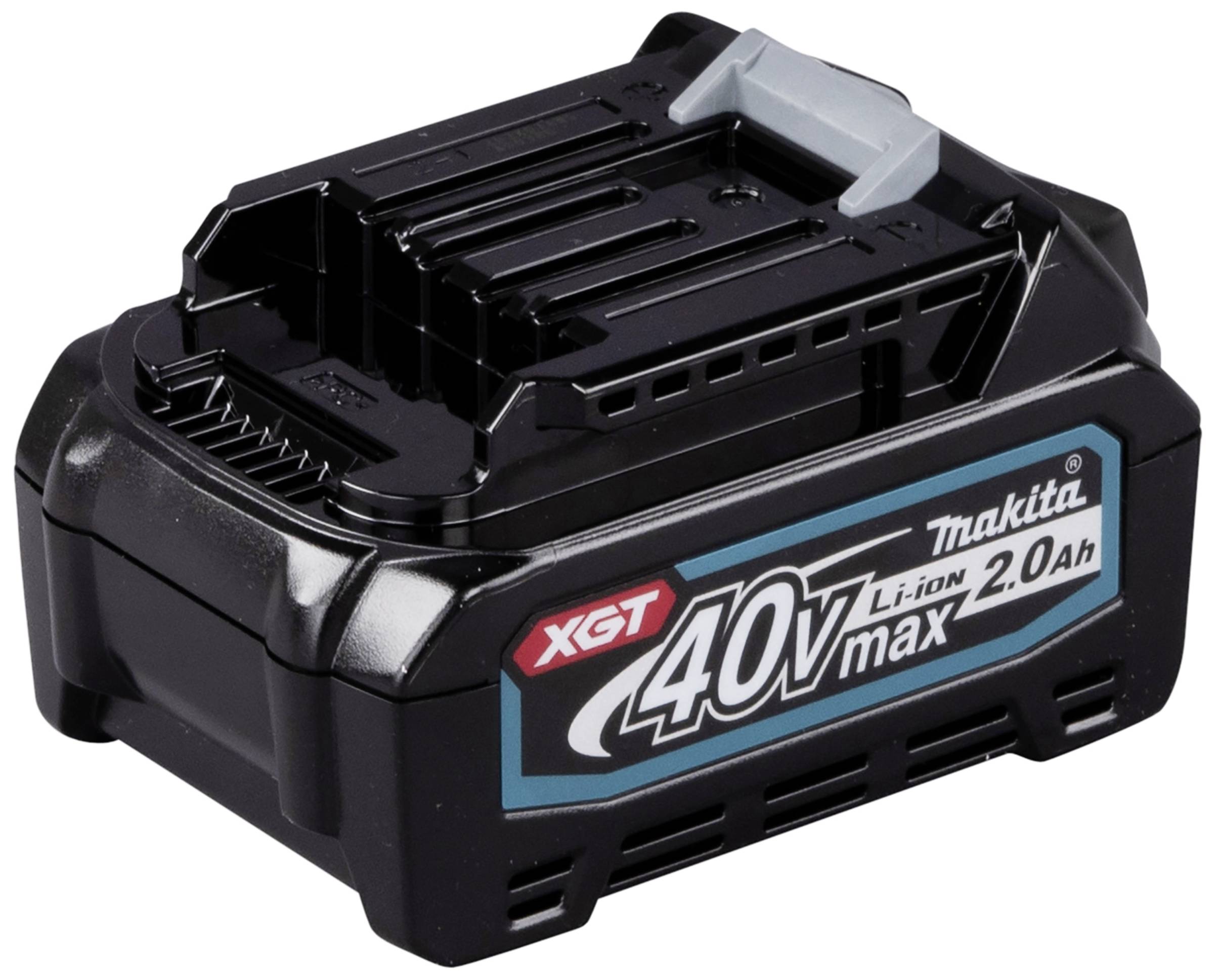 Černý Makita XGT 40V Max Li-Ion akumulátor s modrým popisem a kapacitou 2,0 Ah, vhodný pro bezdrátové nářadí.