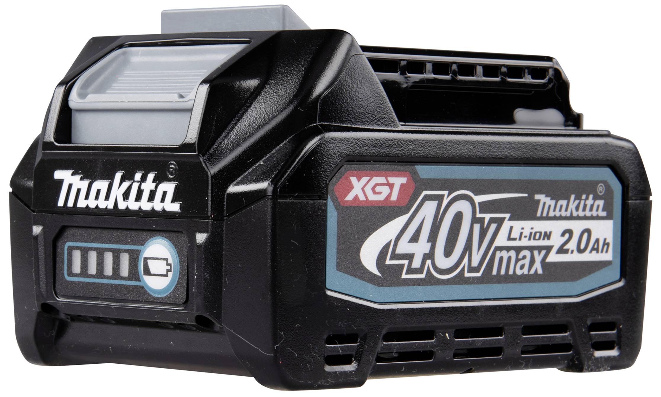 Lithium-iontová baterie 'Makita XGT 40V max 2.0Ah', černá s modrým štítkem, pro elektrické nářadí.