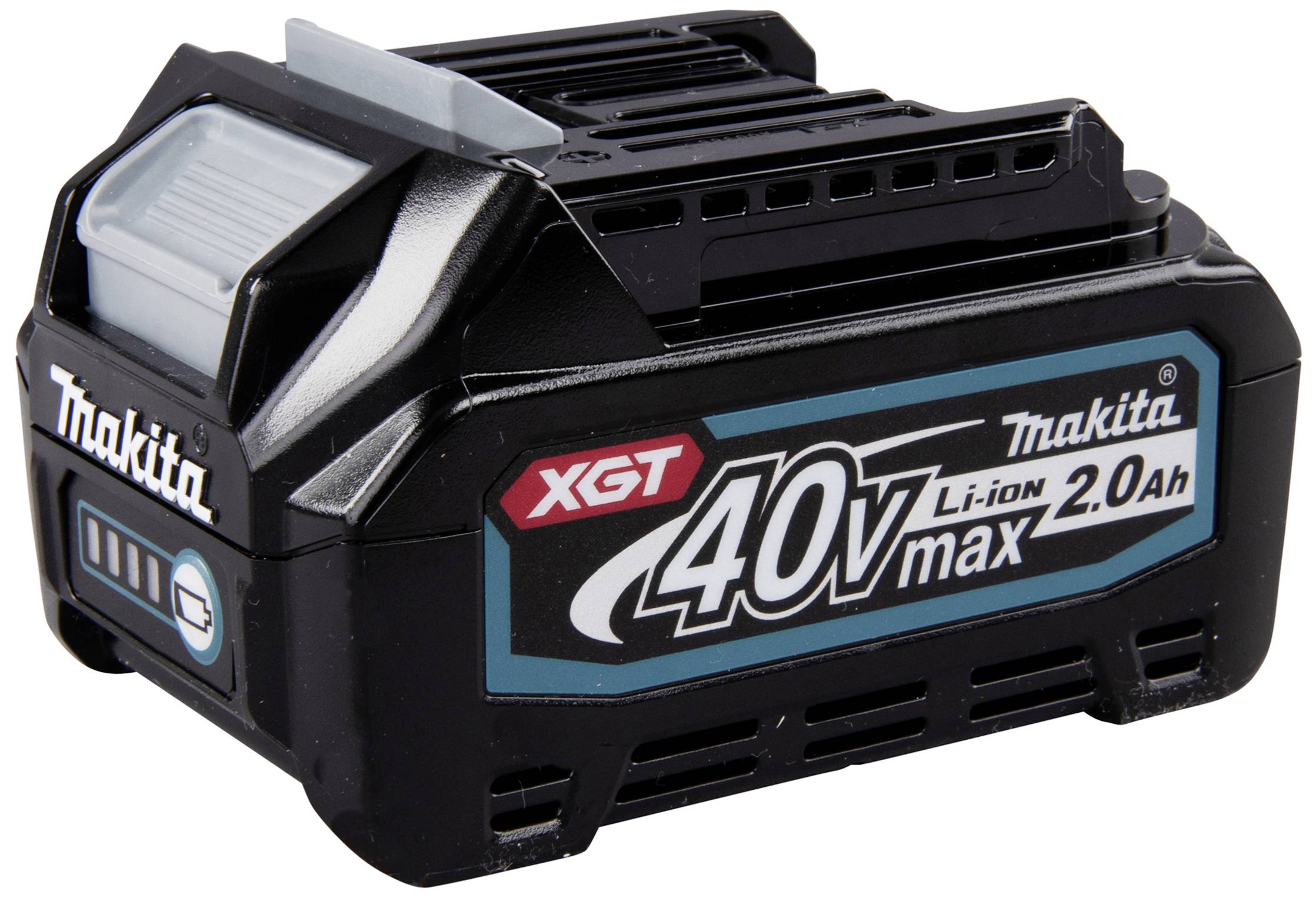 Makita XGT 40V Max Li-Ion 2.0Ah akumulátor, černý s modrým štítkem, zobrazuje sílu a číslo modelu. Ideální pro výkonné elektrické nářadí.