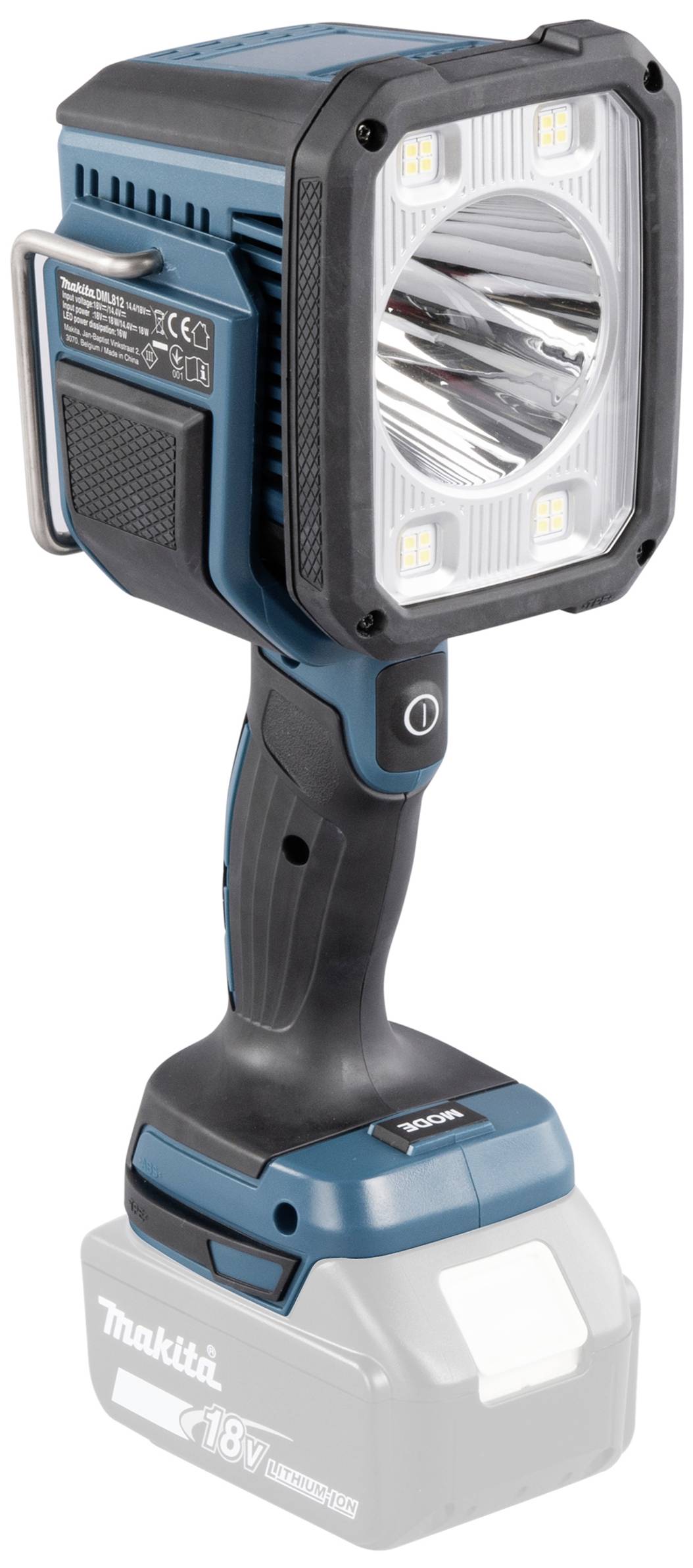 Přenosná modrá LED pracovní lampa s robustní rukojetí a dobíjecí baterií, vhodná pro staveniště nebo dílny.