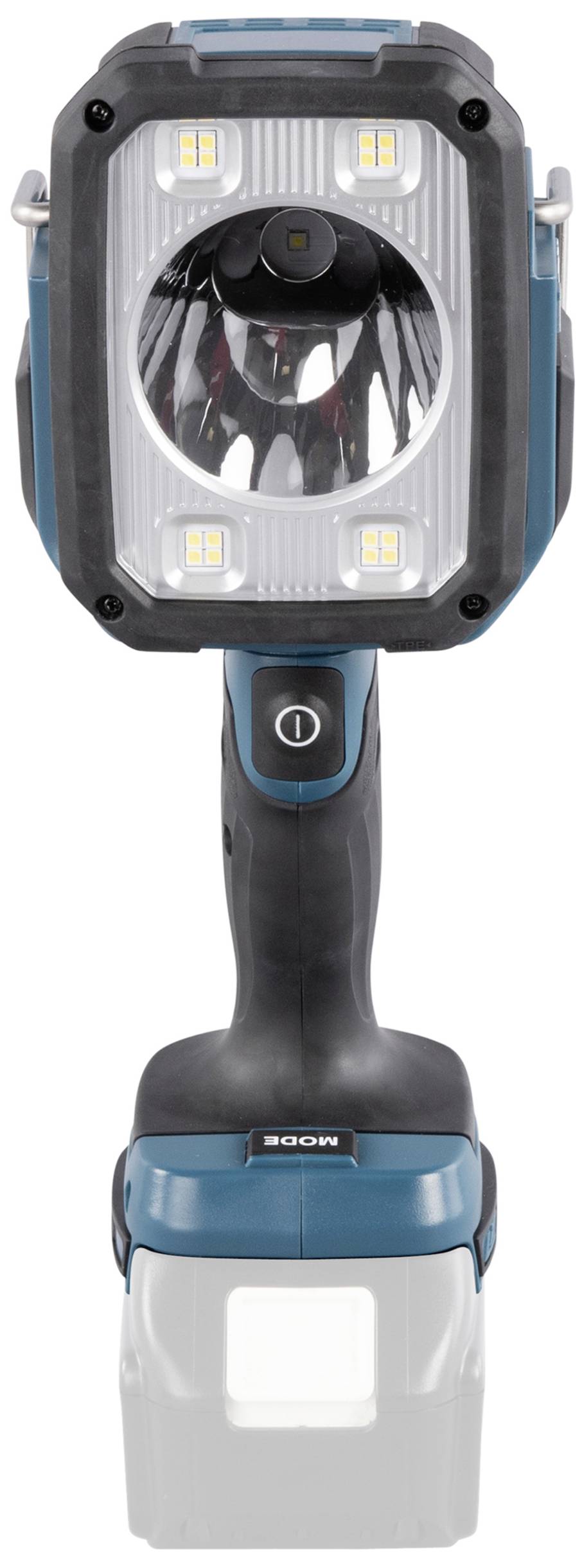 Ruční svítilna s robustním tělem, čtyřmi malými LED diodami uspořádanými kolem centrální větší LED diody. Ergonomická rukojeť s tlakovým spínačem.