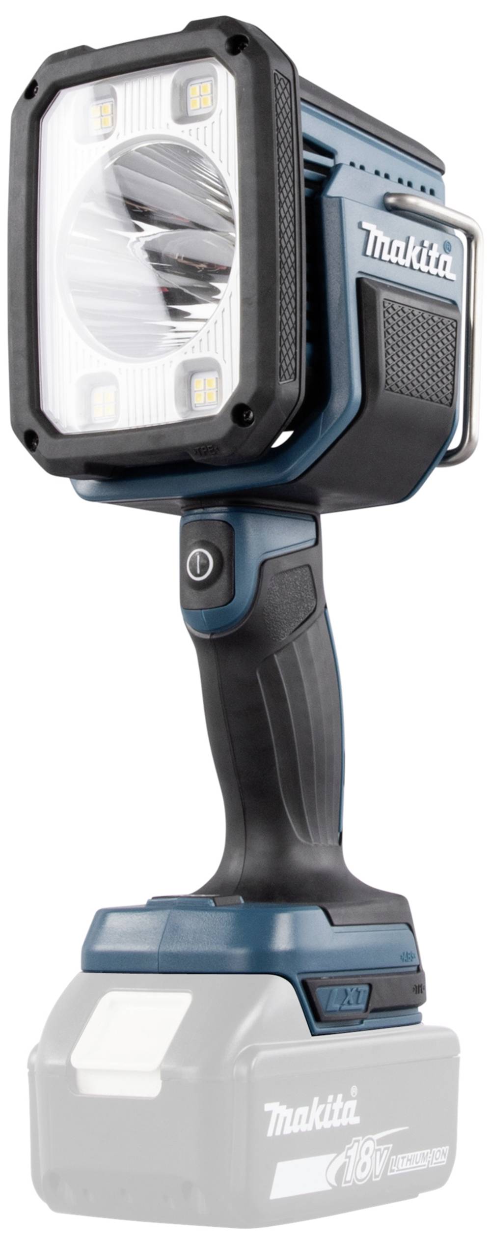 Modro-černá LED svítilna na baterie s ergonomickou rukojetí a logem Makita, zobrazující obdélníkový světelný nástavec se čtyřmi LED diodami, vhodná pro osvětlení staveniště.