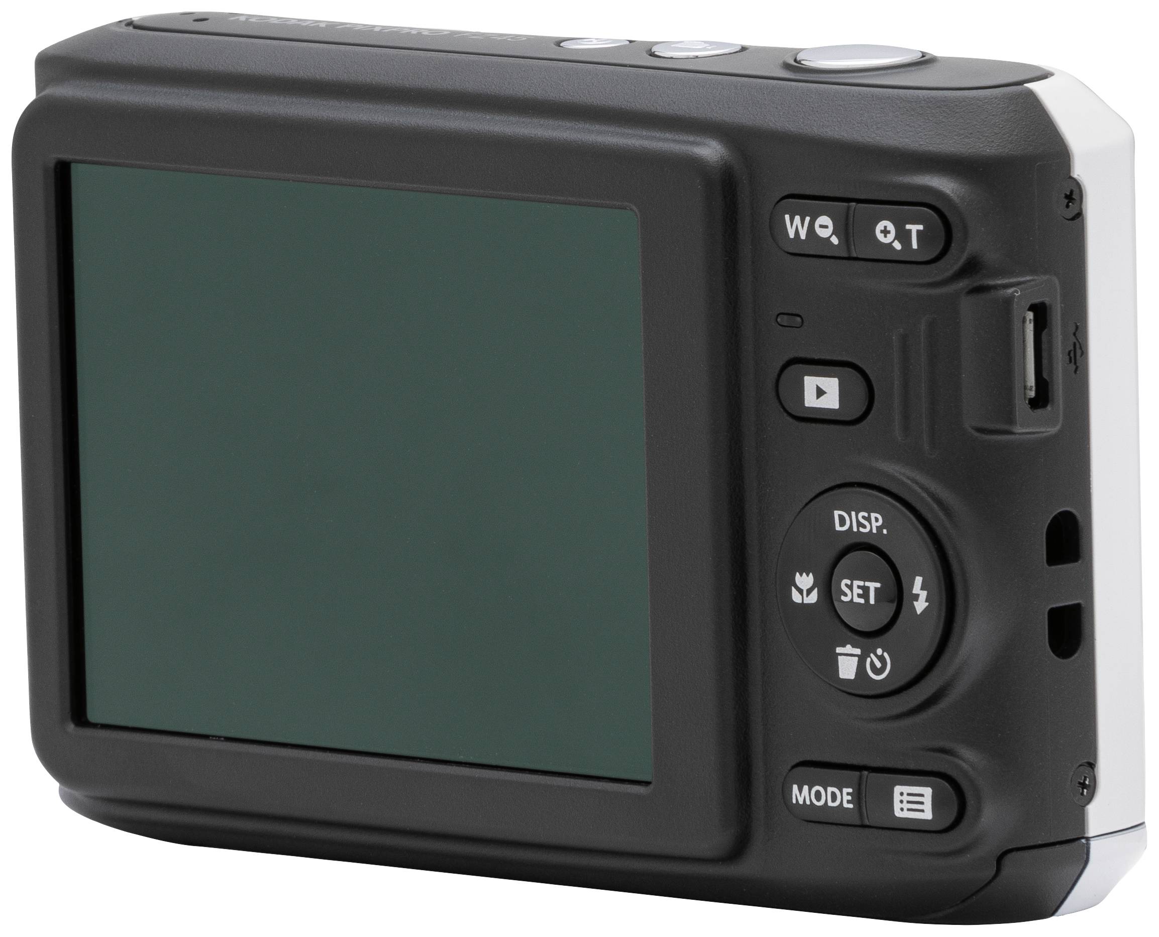 Zadní strana digitálního fotoaparátu s velkým displejem, ovládacími tlačítky a menu tlačítky.