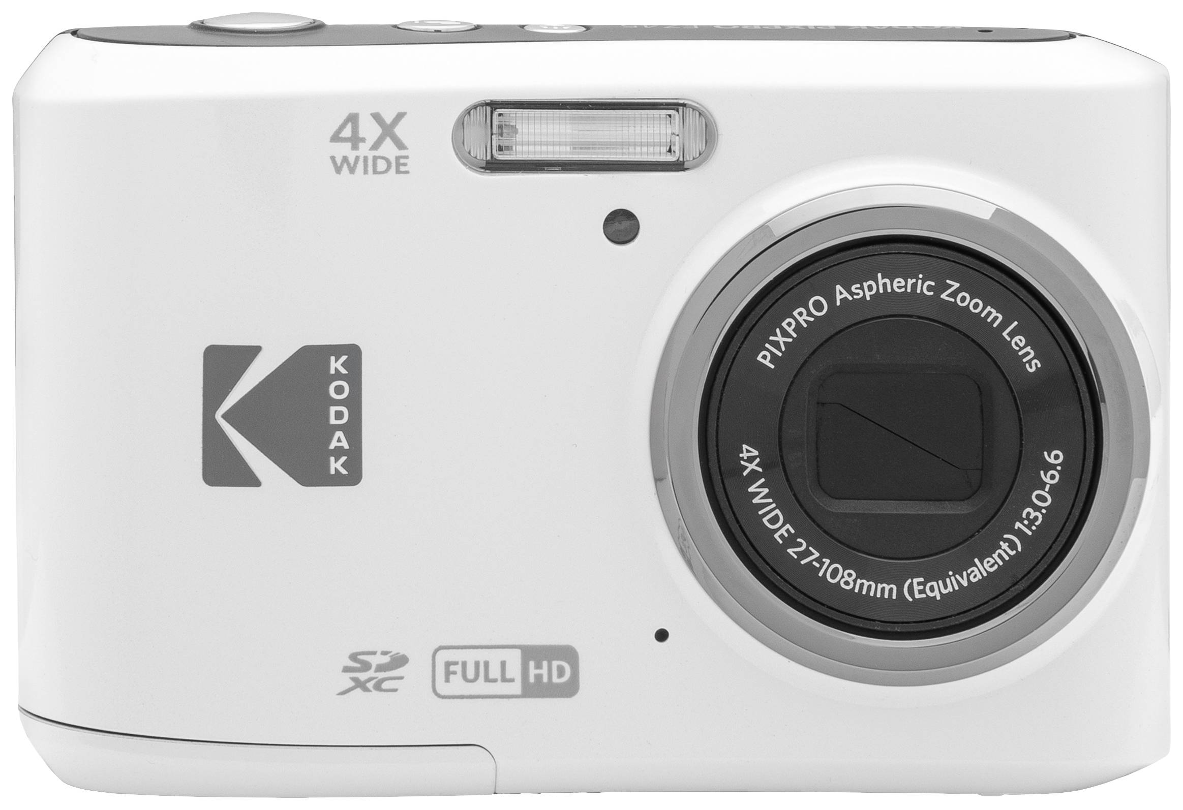 Bílý digitální fotoaparát se zoomovým objektivem a bleskem na přední straně. Nápisy: '4X WIDE', 'Kodak', 'PIXPRO asférický zoom objektiv'.