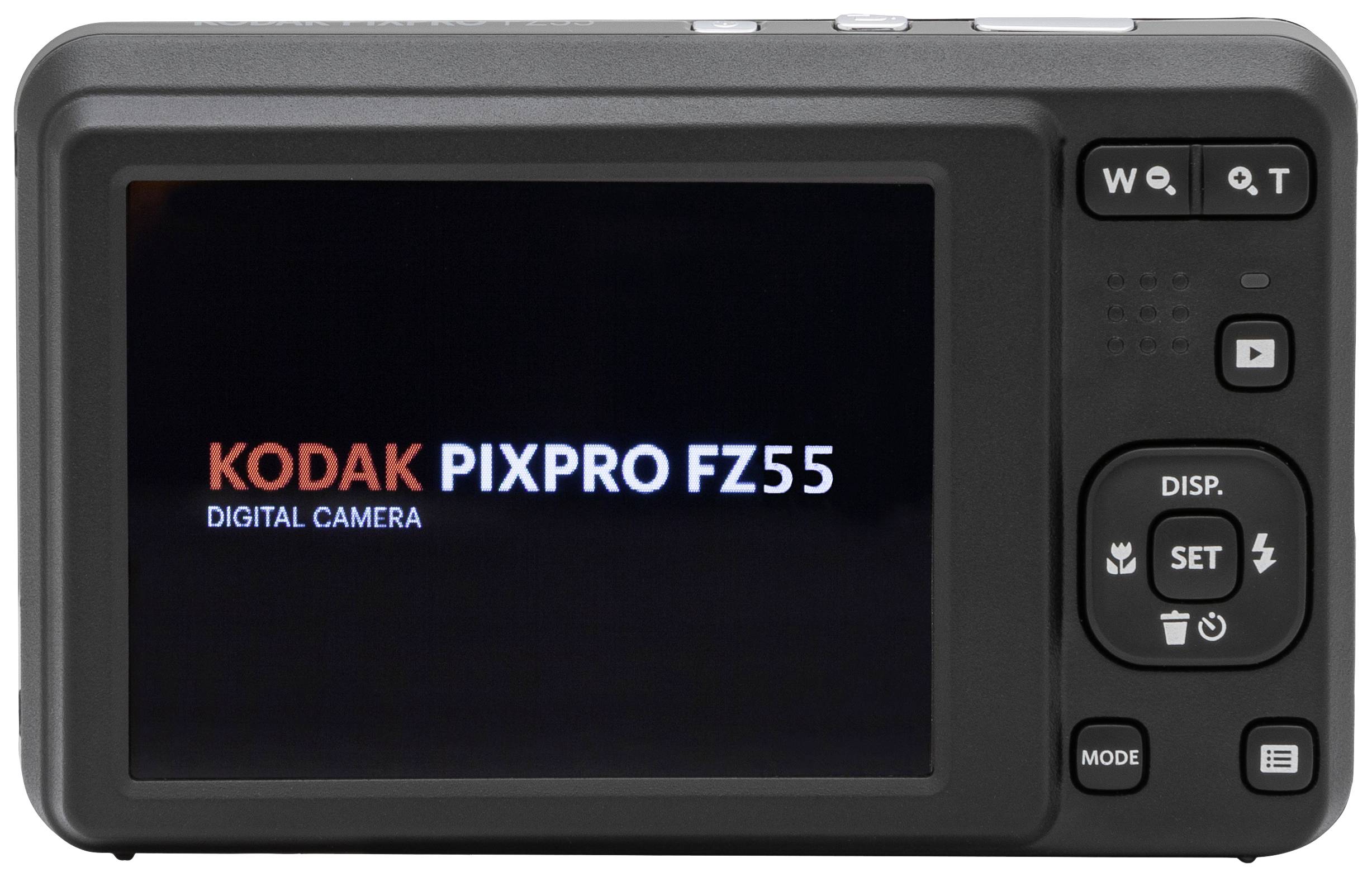 Digitální fotoaparát pohledem zezadu s aktivovaným displejem. Na obrazovce je nápis 'Kodak Pixpro FZ55 Digitální fotoaparát'. Tlačítka a funkce jsou viditelné.