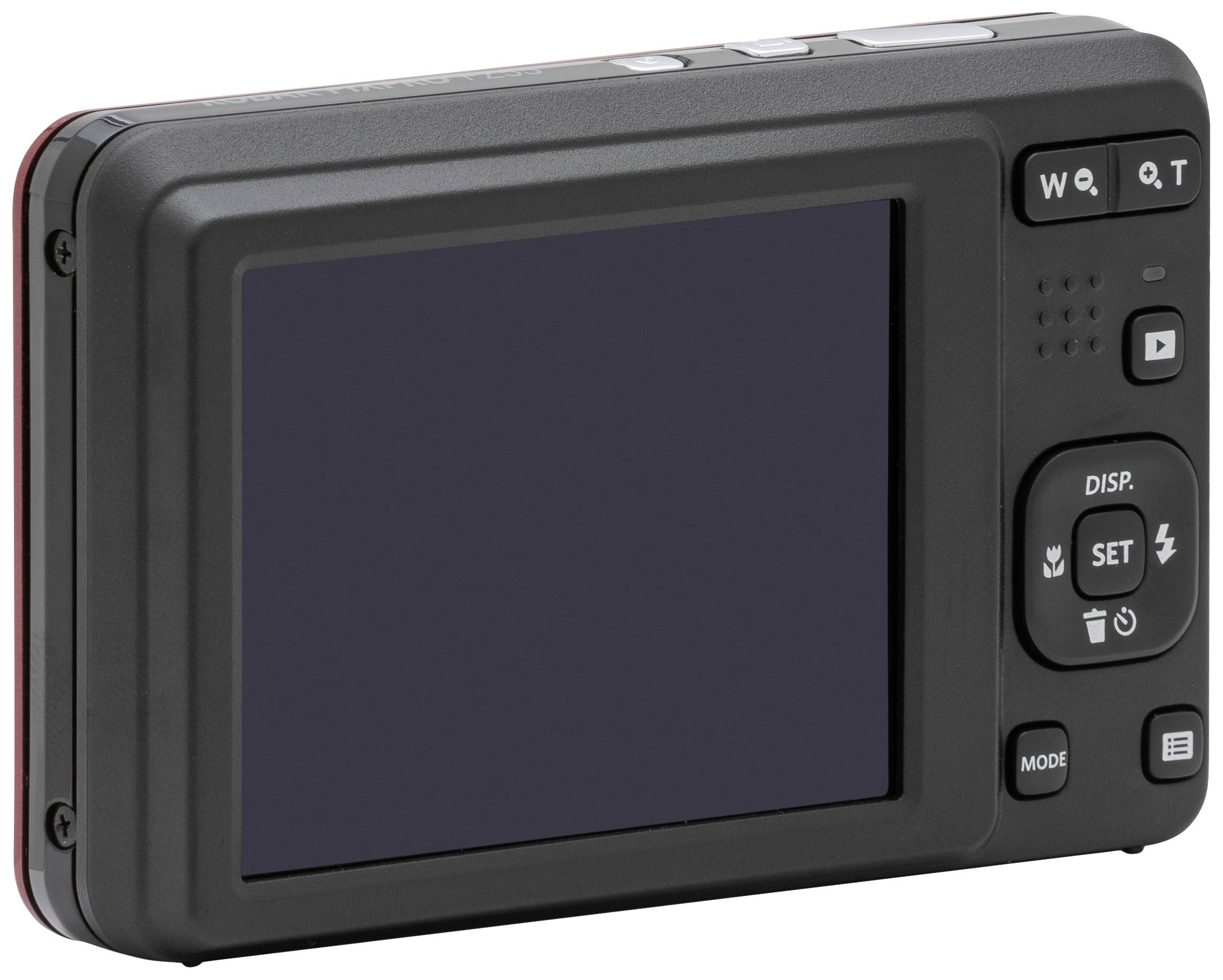 Zadní strana digitálního fotoaparátu s LCD displejem, tlačítky pro zoom, nastavení a režimy. Displej je vypnutý.