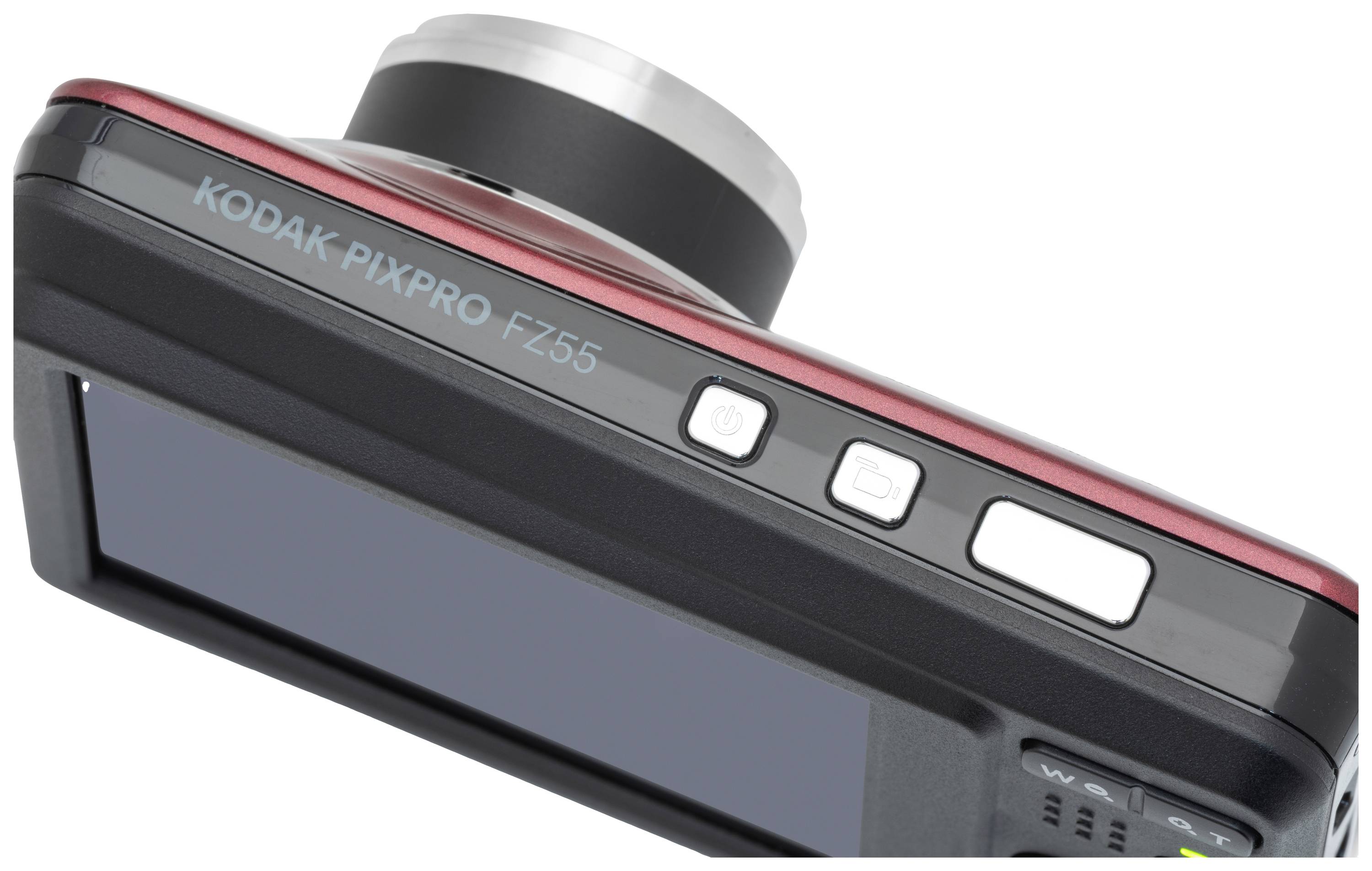 Digitální fotoaparát Kodak Pixpro FZ55 v šikmém pohledu, zobrazující tlačítka a displej, na bílém pozadí.