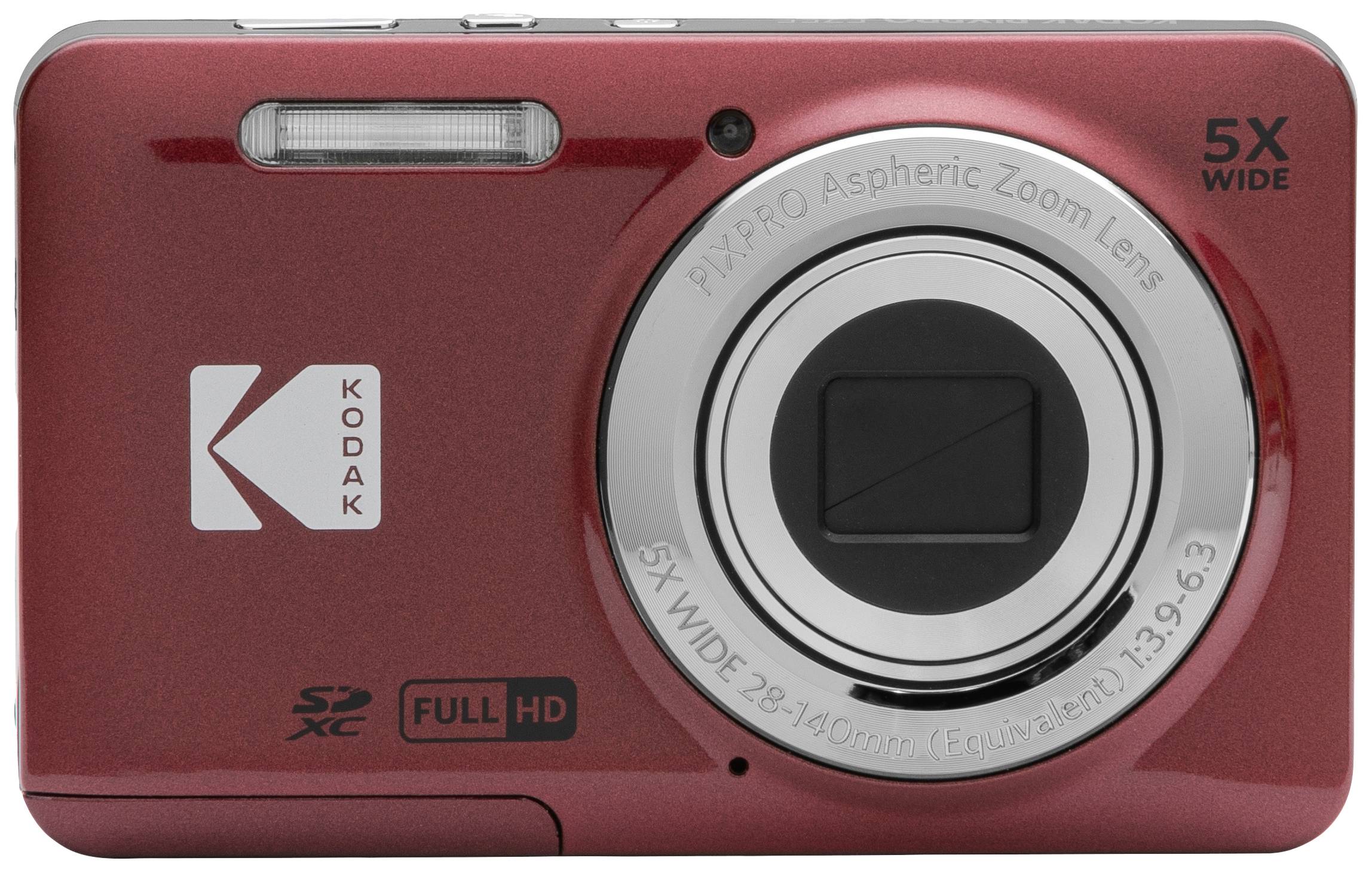 Červený digitální fotoaparát s logem 'Kodak', asférickým zoomovým objektivem a 5násobným širokoúhlým přiblížením.