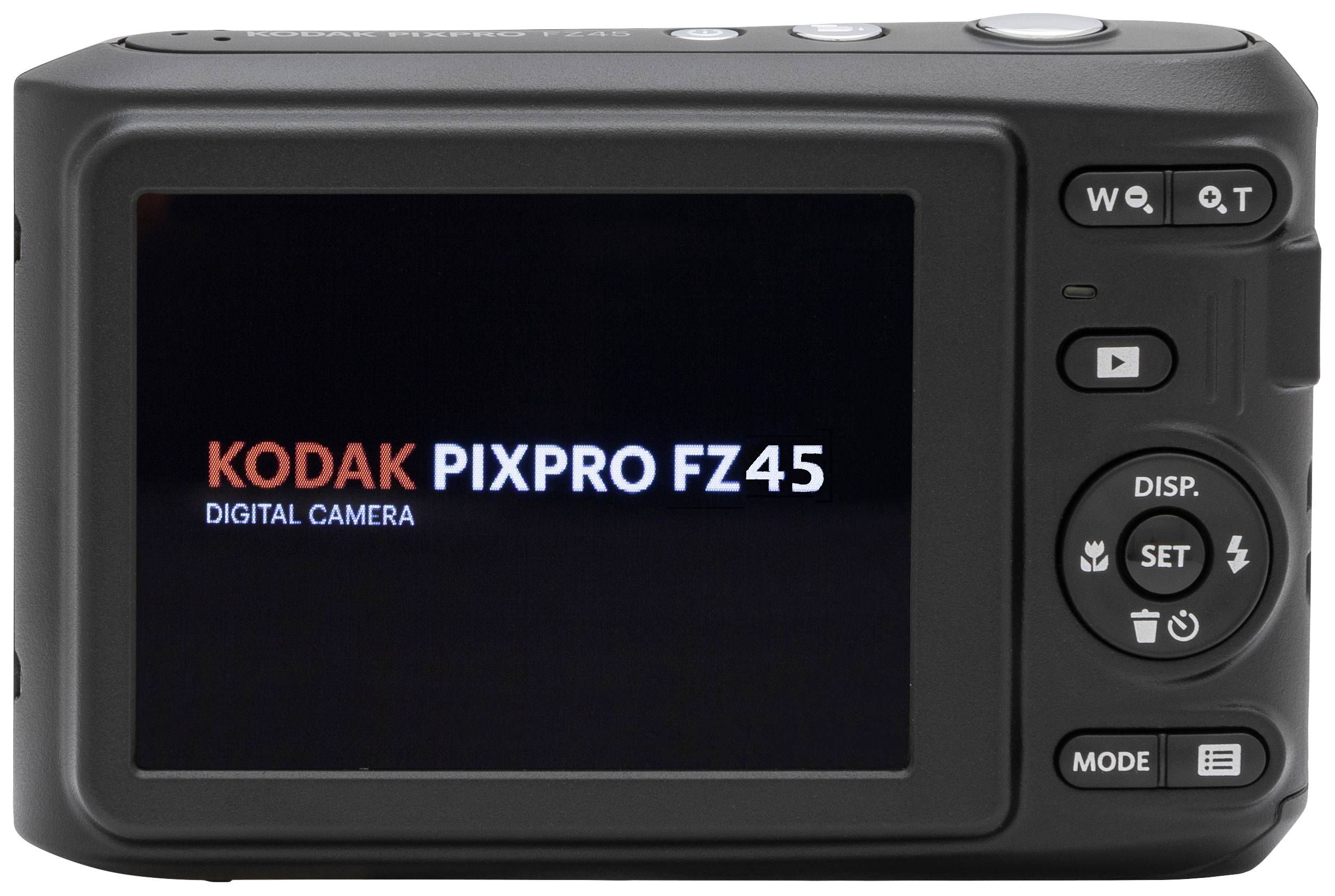 Zadní strana digitálního fotoaparátu. Na displeji je zobrazen text 'Kodak Pixpro FZ45 Digitální fotoaparát'. Ovládací tlačítka se nacházejí vpravo vedle něj.