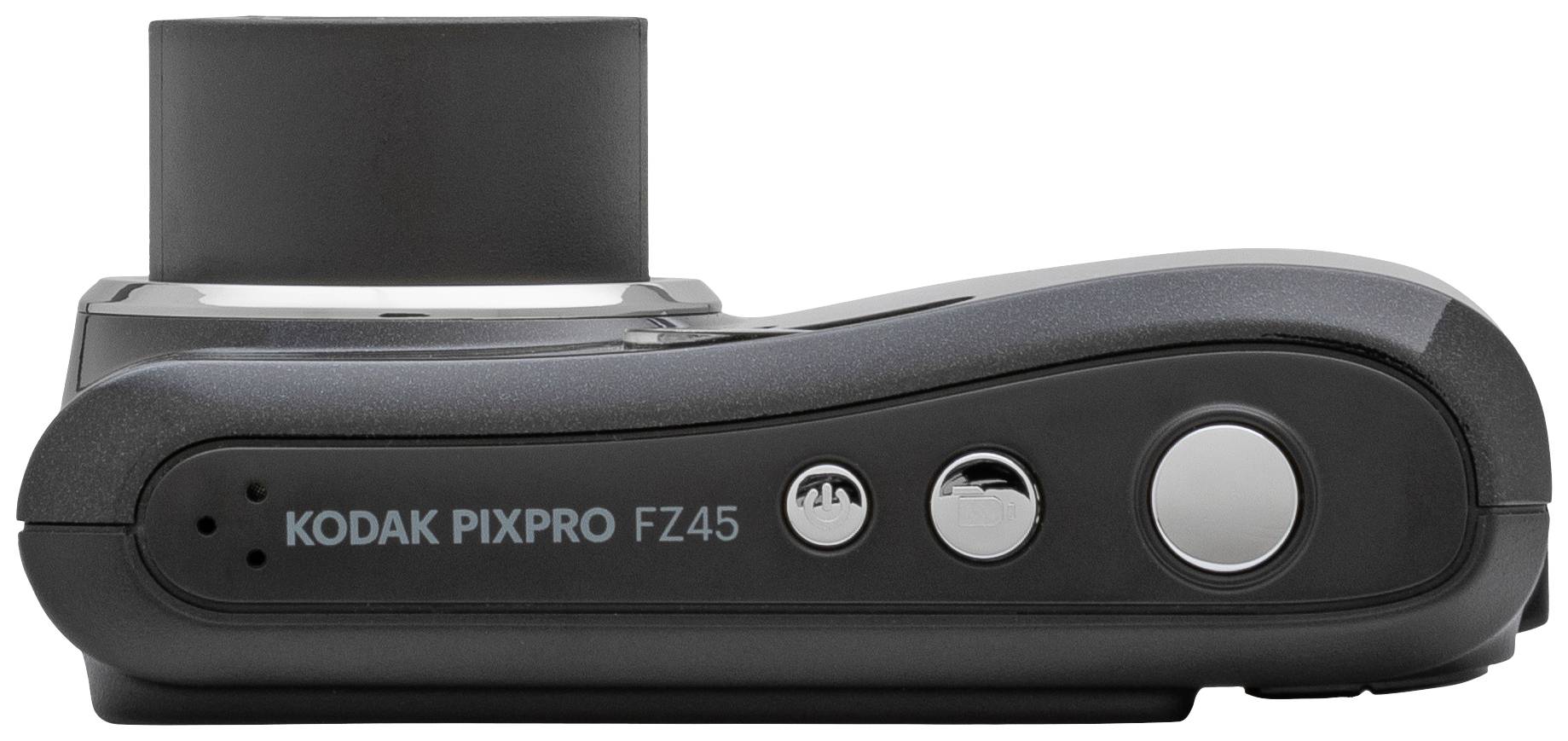 Digitální fotoaparát s zavřeným zoomovým objektivem, model 'Kodak Pixpro FZ45', leží na boku. Ukazuje ovládací prvky a označení modelu.