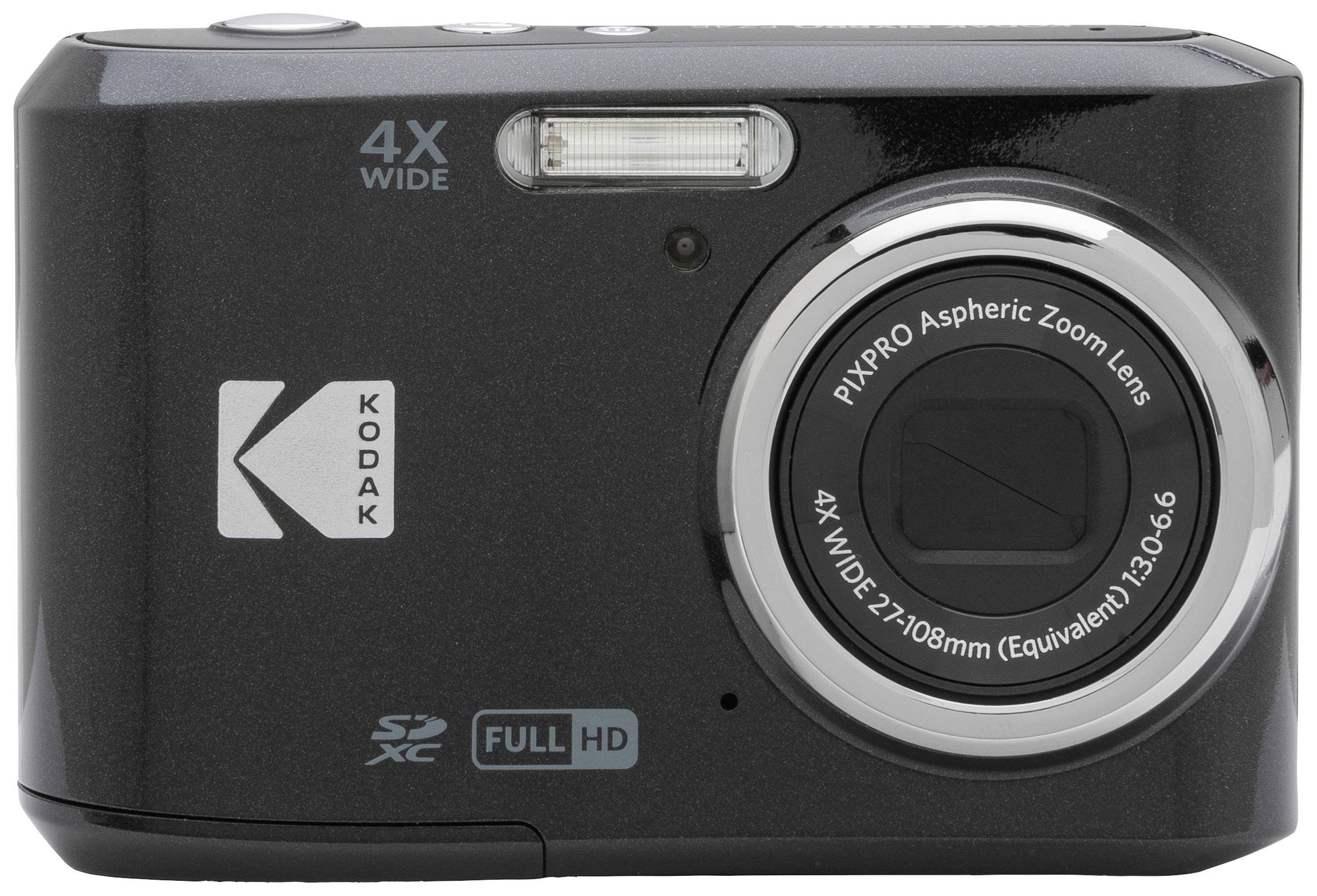 Digitální fotoaparát s 4x wide-angle zoomovým objektivem. Nápisy: 'Kodak', 'PIXPRO asférický zoom objektiv', 'Full HD'. Černý s stříbrným objektivem.
