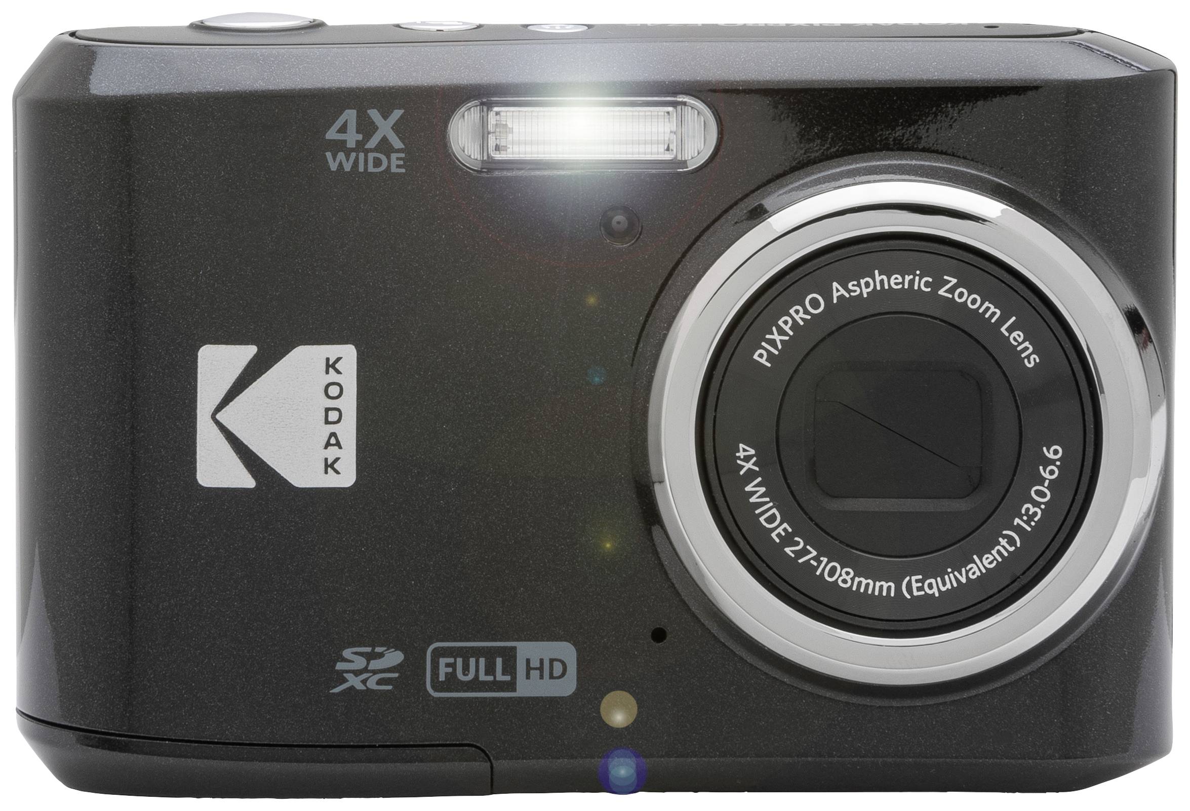 Černý digitální fotoaparát s nápisem '4X WIDE' a 'FULL HD'. Fotoaparát je vybaven asférickým zoomovým objektivem.