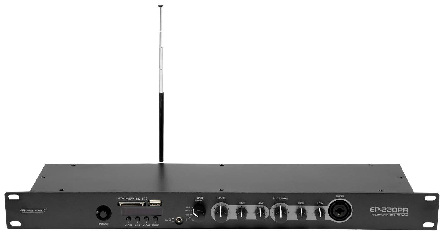 Černý audiovzesilovač s anténou, několika ovládacími knoflíky a konektory na přední straně. Model 'EP-220PR'.