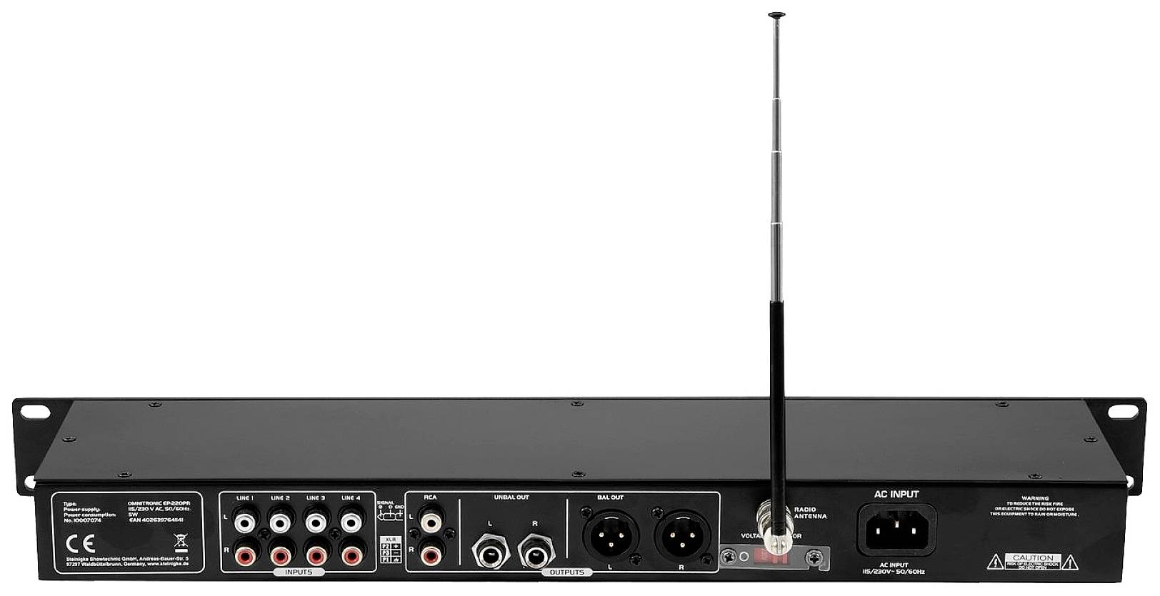 Zadní pohled na audio rack zařízení s různými konektory, odnímatelnou anténou a připojením síťového kabelu.