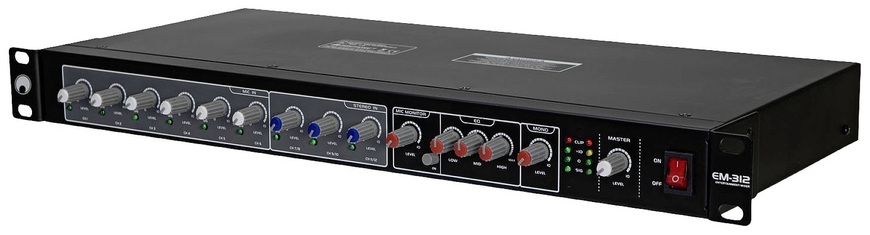 Audiomixážní pult v černém pouzdře s několika ovladači a tlačítky na čelním panelu, vhodný pro řízení zvuku v profesionálních sestaveních.