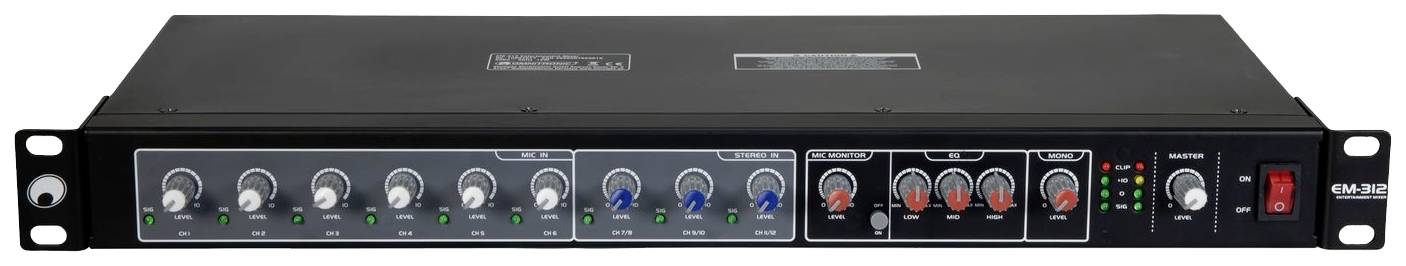 Černý audiopult s několika otočnými ovladači a LED indikátory. Ovladače jsou uspořádány do skupin a barevně rozlišeny.